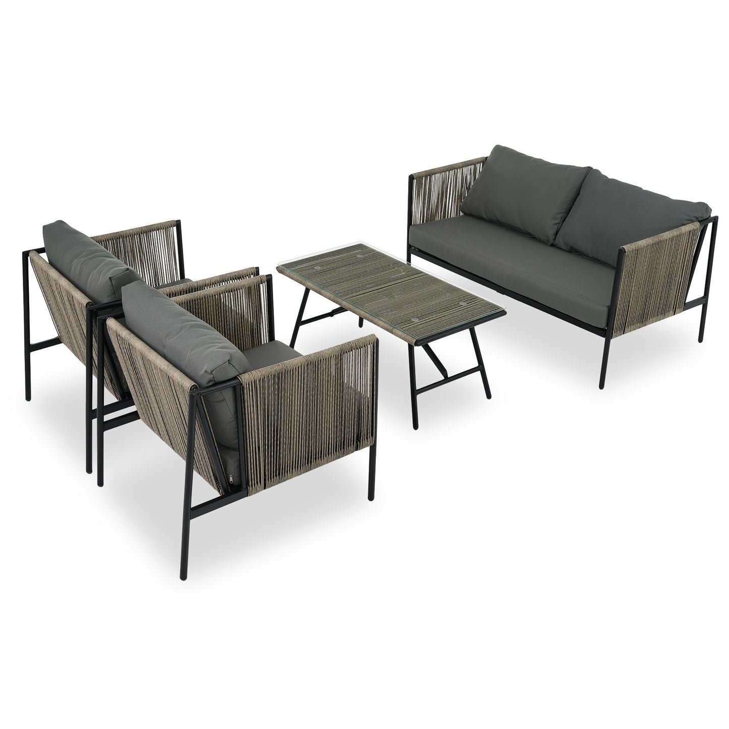 4-Piece Rope Sofa Set with Thick Cushions and Toughened Glass Table, All-Weather Patio Furniture Set For 4 Person With Loveseat - Divine Heart L.A.