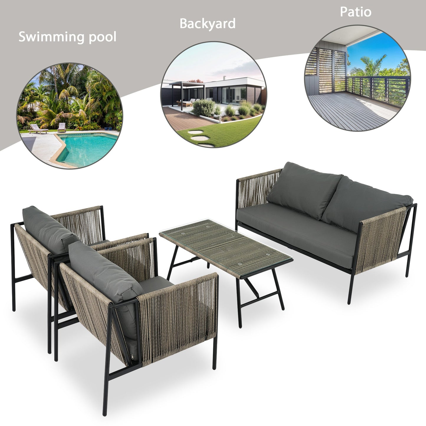 4-Piece Rope Sofa Set with Thick Cushions and Toughened Glass Table, All-Weather Patio Furniture Set For 4 Person With Loveseat - Divine Heart L.A.