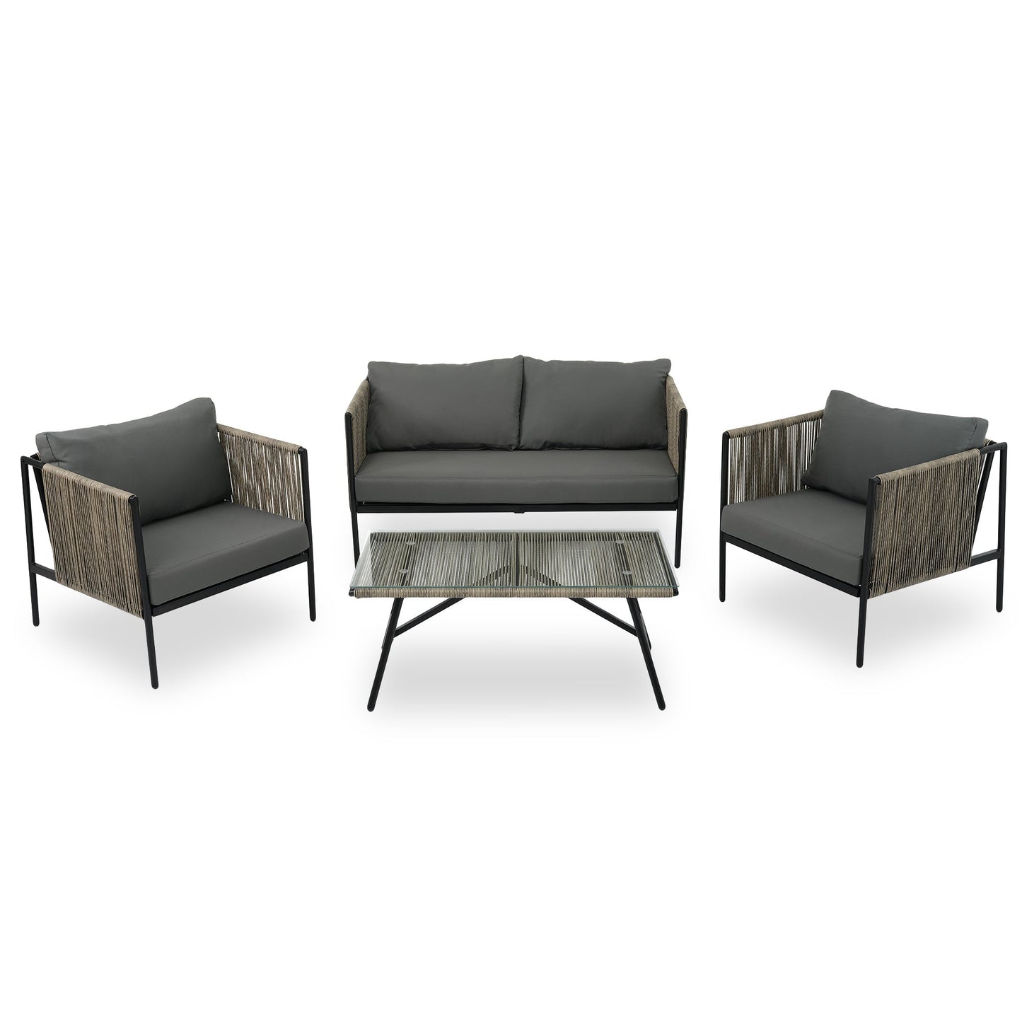 4-Piece Rope Sofa Set with Thick Cushions and Toughened Glass Table, All-Weather Patio Furniture Set For 4 Person With Loveseat - Divine Heart L.A.