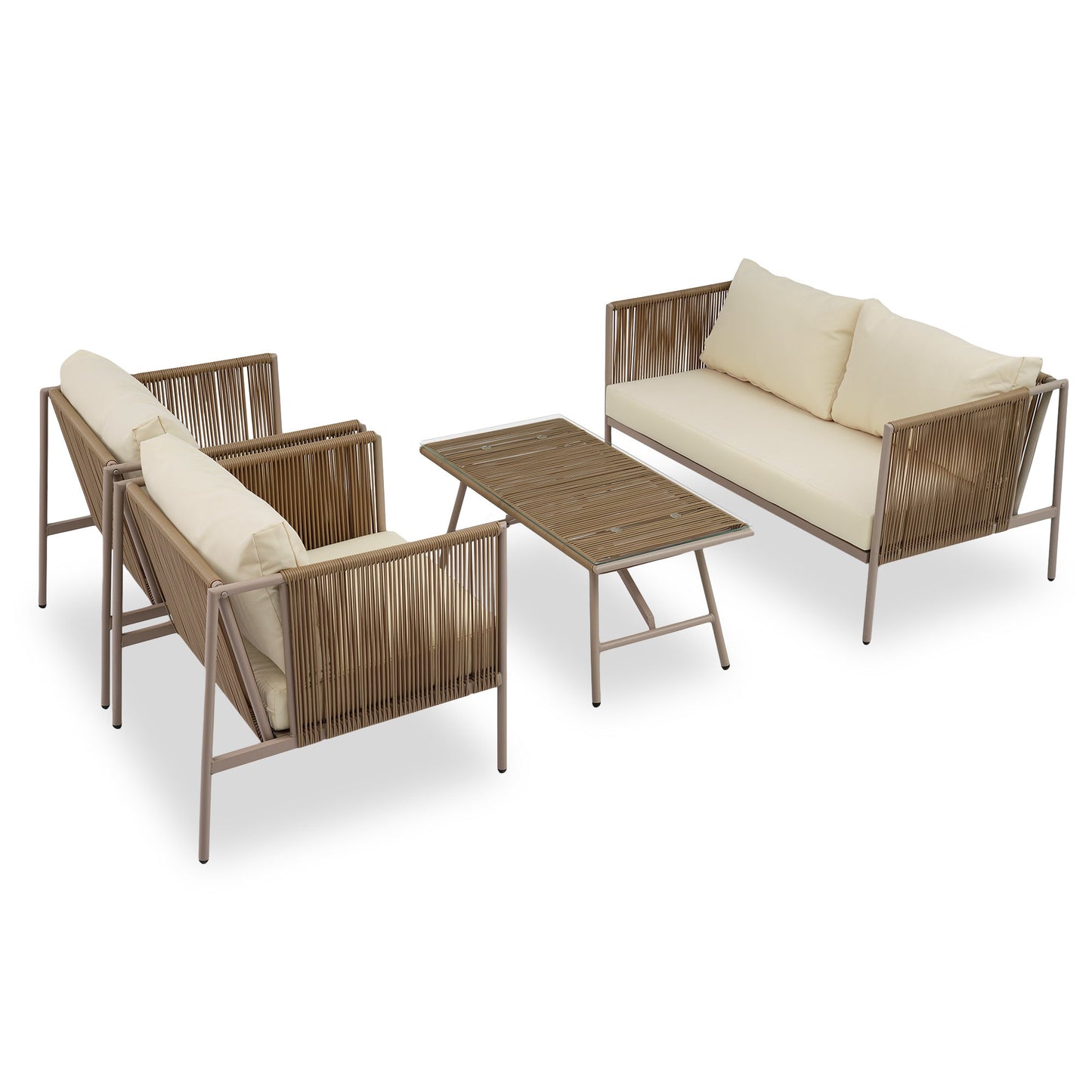 4-Piece Rope Sofa Set with Thick Cushions and Toughened Glass Table, All-Weather Patio Furniture Set For 4 Person With Loveseat - Divine Heart L.A.