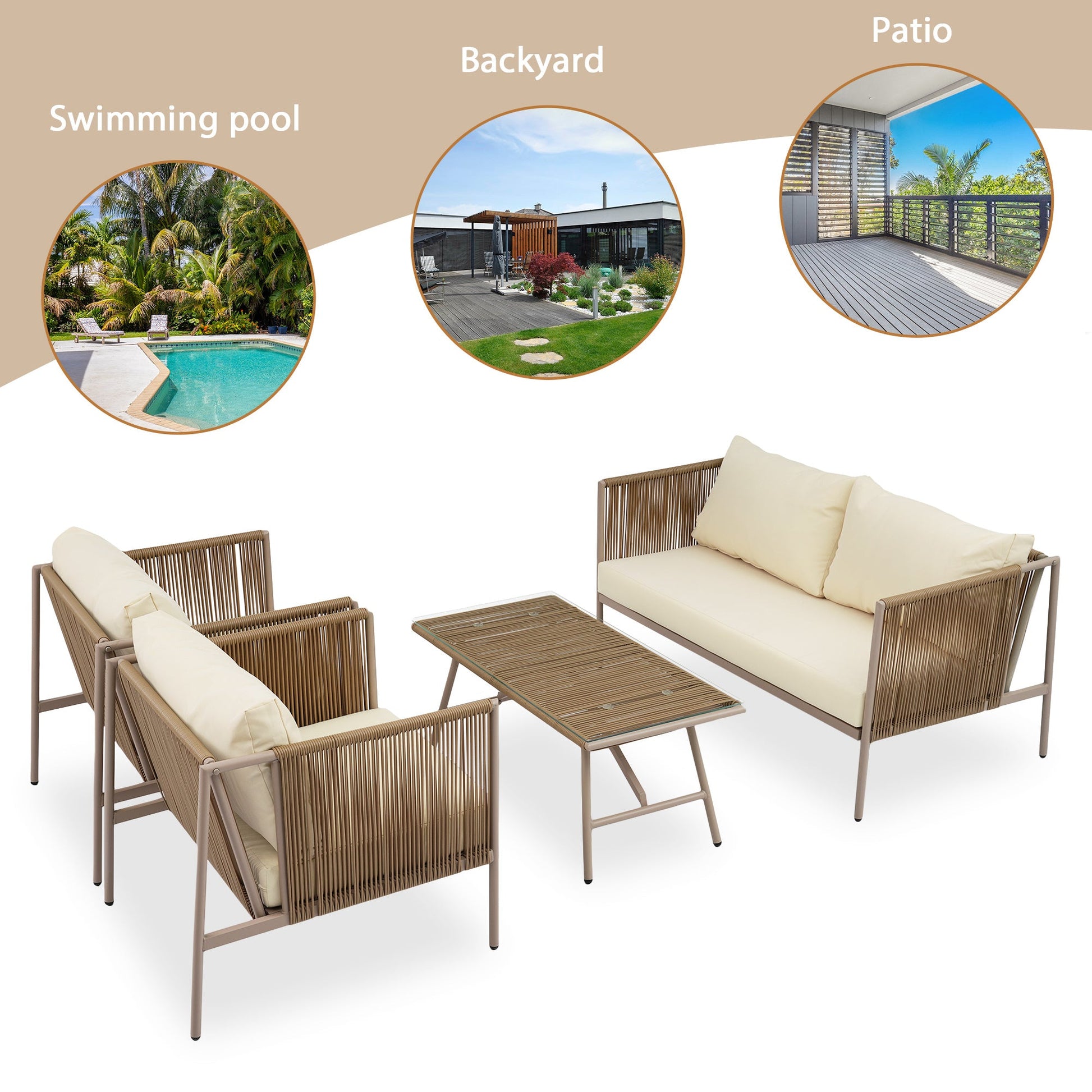 4-Piece Rope Sofa Set with Thick Cushions and Toughened Glass Table, All-Weather Patio Furniture Set For 4 Person With Loveseat - Divine Heart L.A.