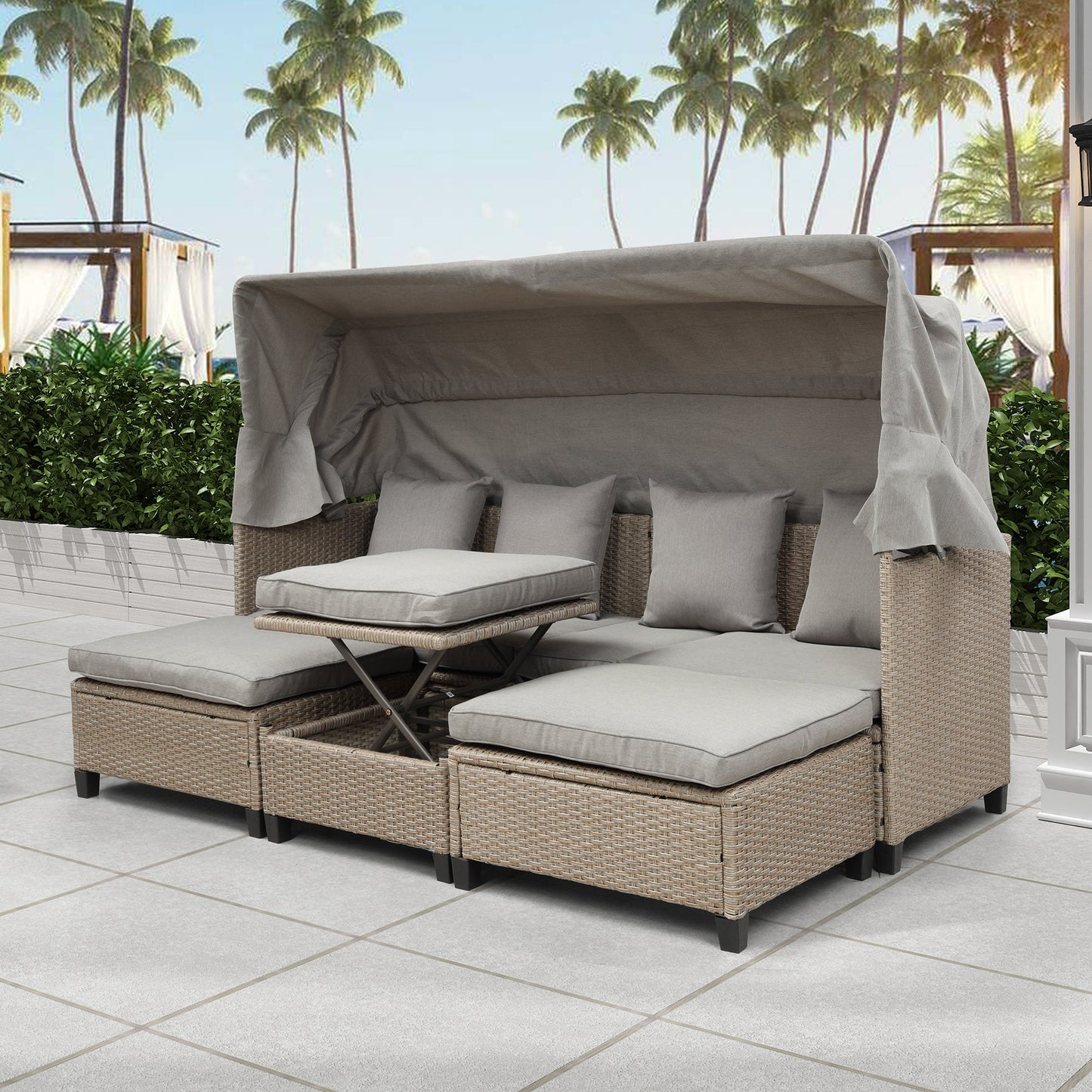 4 Piece UV-Proof Resin Wicker Patio Sofa Set with Retractable Canopy, Cushions and Lifting Table - Divine Heart L.A.