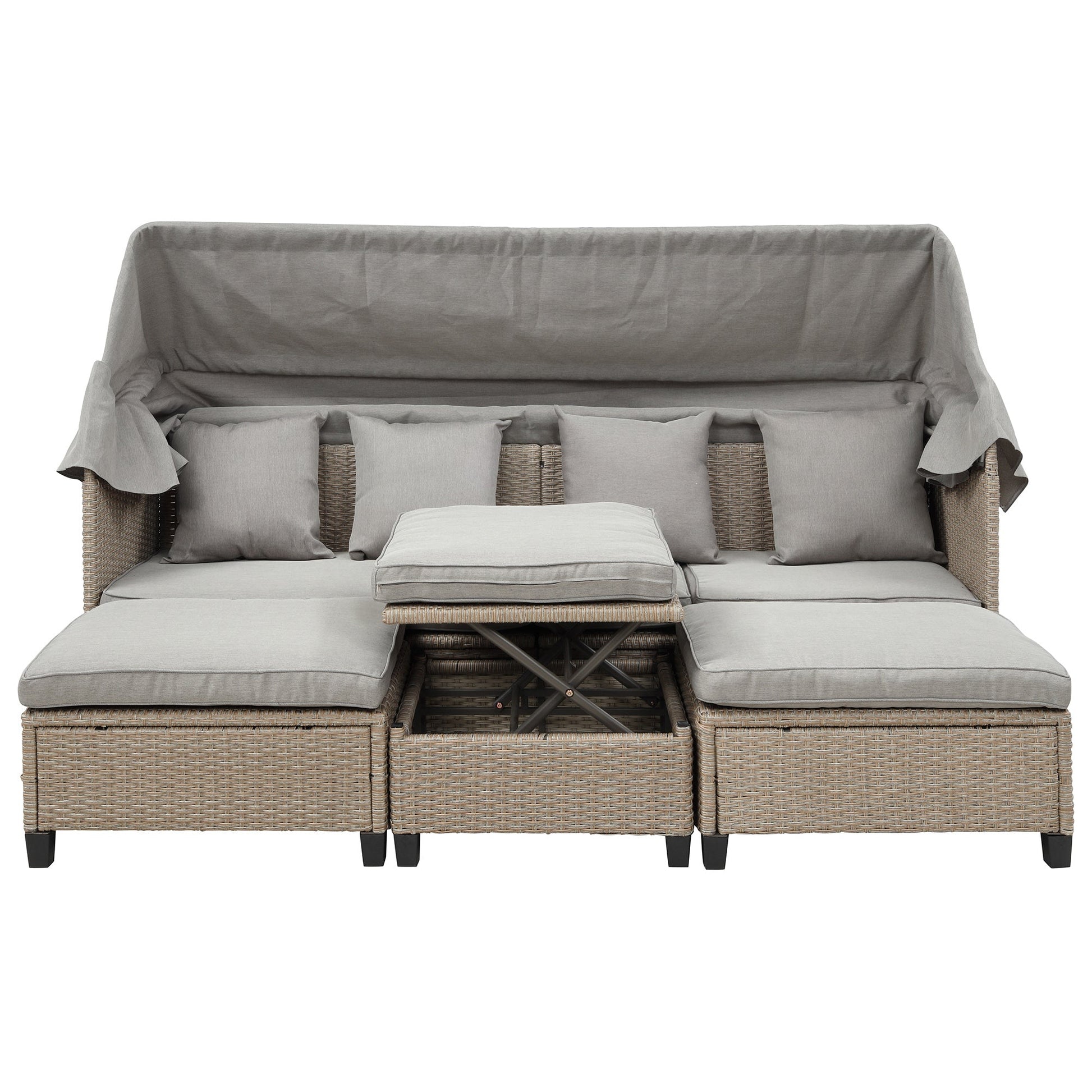 4 Piece UV-Proof Resin Wicker Patio Sofa Set with Retractable Canopy, Cushions and Lifting Table - Divine Heart L.A.