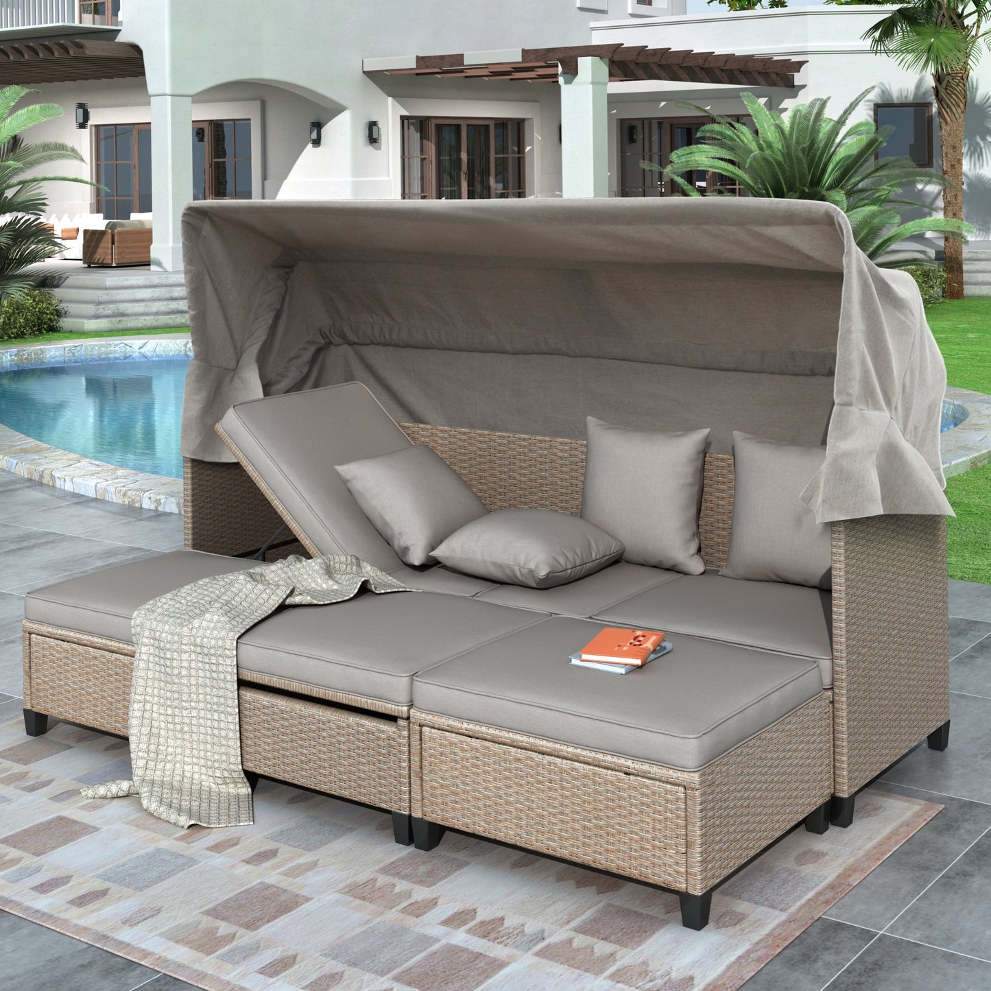 4 Piece UV-Proof Resin Wicker Patio Sofa Set with Retractable Canopy, Cushions and Lifting Table - Divine Heart L.A.