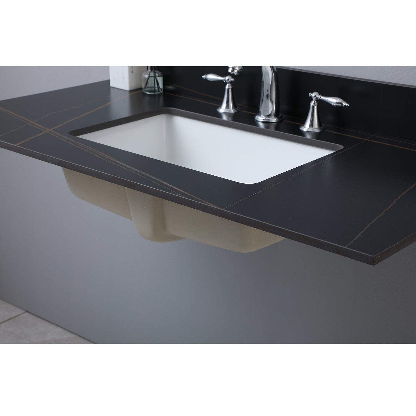 43inch bathroom stone vanity top black gold/stone carrara gold color with undermount ceramic sink and three faucet hole with backsplash - Divine Heart L.A.