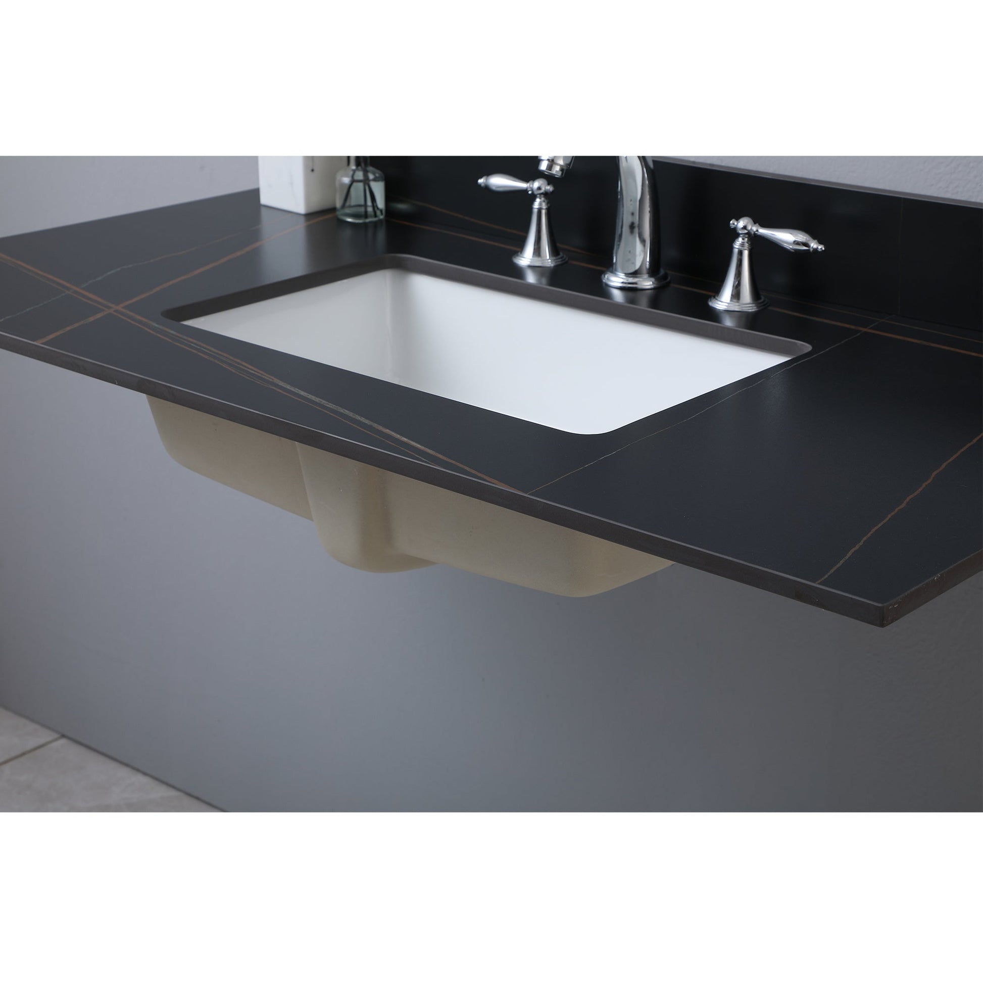 43inch bathroom stone vanity top black gold/stone carrara gold color with undermount ceramic sink and three faucet hole with backsplash - Divine Heart L.A.