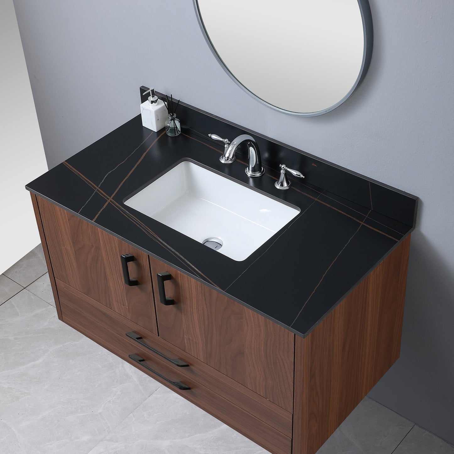 43inch bathroom stone vanity top black gold/stone carrara gold color with undermount ceramic sink and three faucet hole with backsplash - Divine Heart L.A.