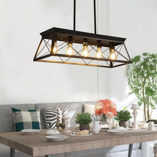 5-Light Farmhouse Chandeliers for Dining Room, Metal Rustic Pendant Island Light Fixture, Modern Rectangular Island Lights for Kitchen, Living Room(No Bulbs) - Divine Heart L.A.