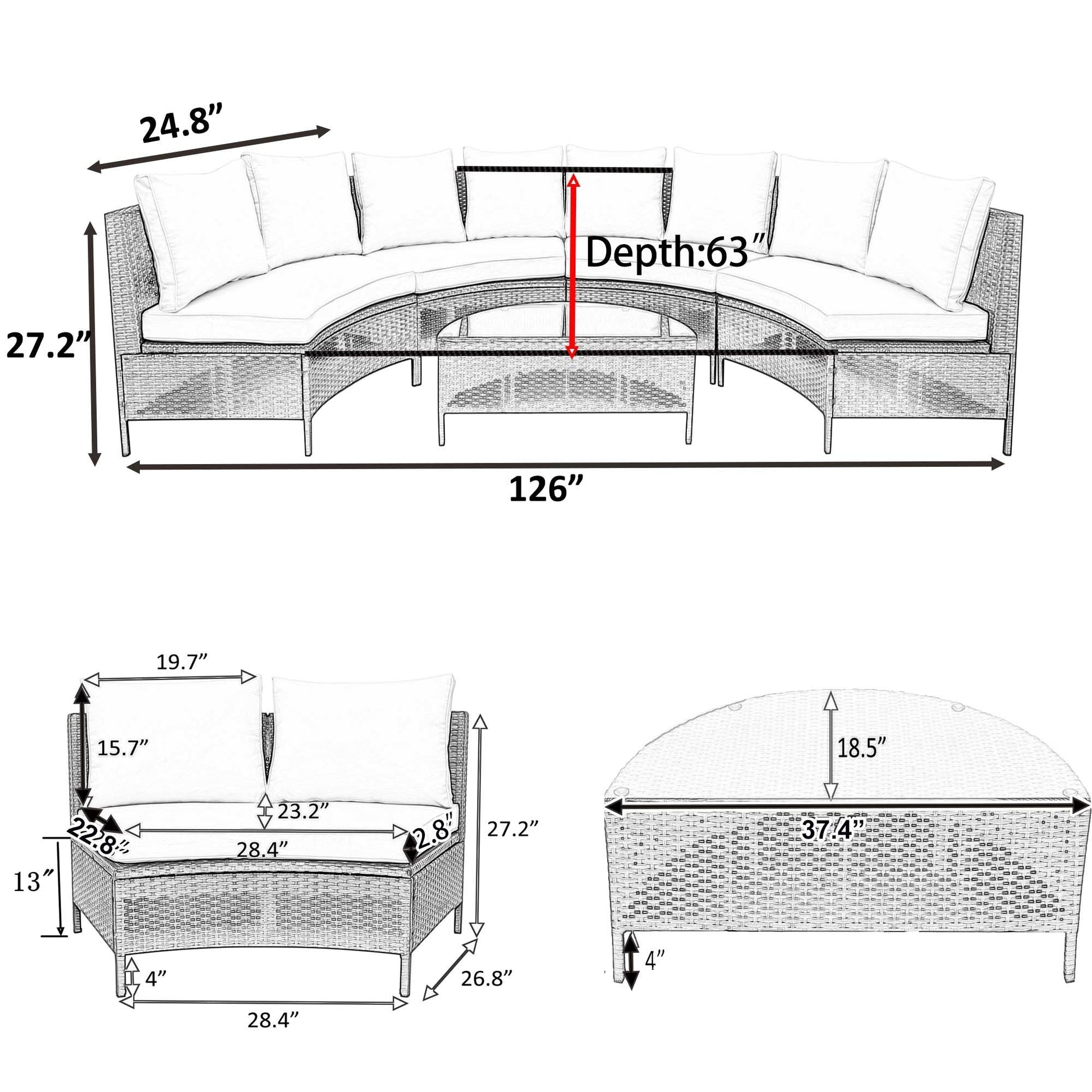 5 Pc Half-Moon Sofa Set with Tempered Glass Table - Divine Heart L.A.