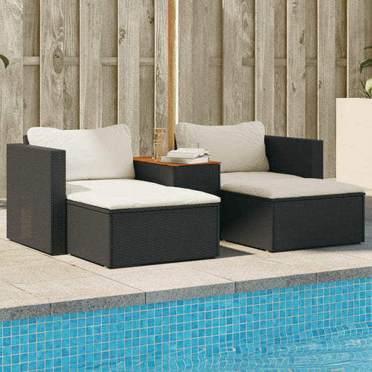 5 Piece Patio Sofa Set with Cushions Black Poly Rattan Acacia - Divine Heart L.A.