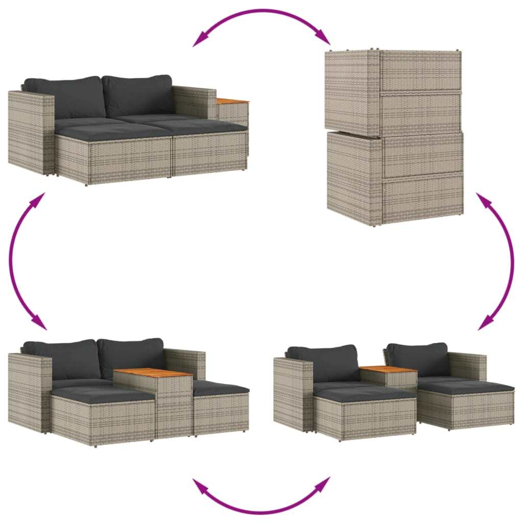 5 Piece Patio Sofa Set with Cushions Gray Poly Rattan Acacia - Divine Heart L.A.