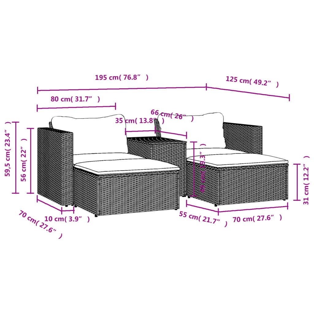 5 Piece Patio Sofa Set with Cushions Gray Poly Rattan Acacia - Divine Heart L.A.