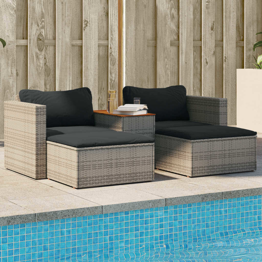 5 Piece Patio Sofa Set with Cushions Gray Poly Rattan Acacia - Divine Heart L.A.