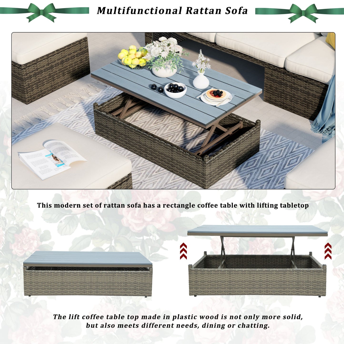 5-Piece Patio Wicker Sofa with Adjustable Backrest; Cushions; Ottomans and Lift Top Coffee Table - Divine Heart L.A.