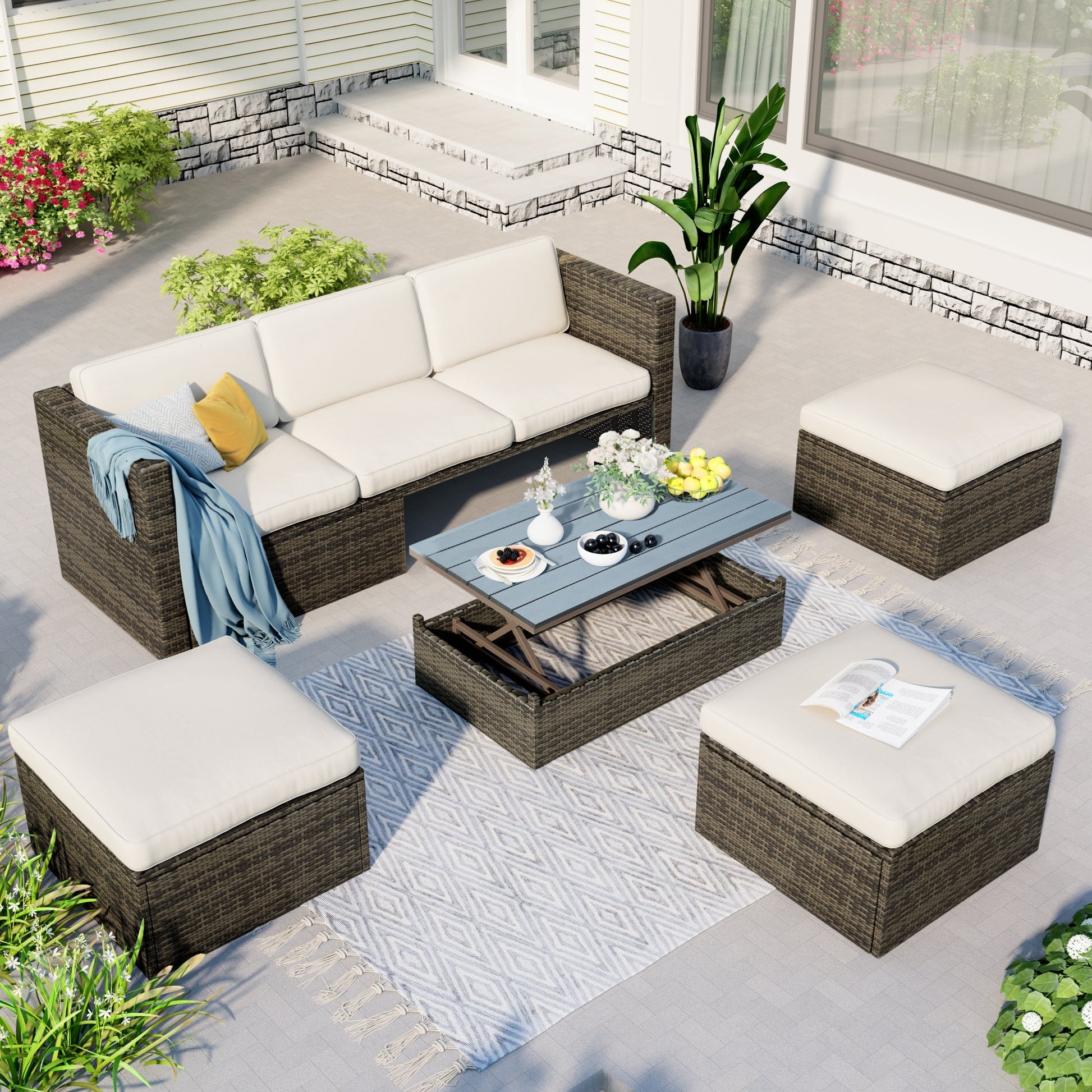 5-Piece Patio Wicker Sofa with Adjustable Backrest; Cushions; Ottomans and Lift Top Coffee Table - Divine Heart L.A.