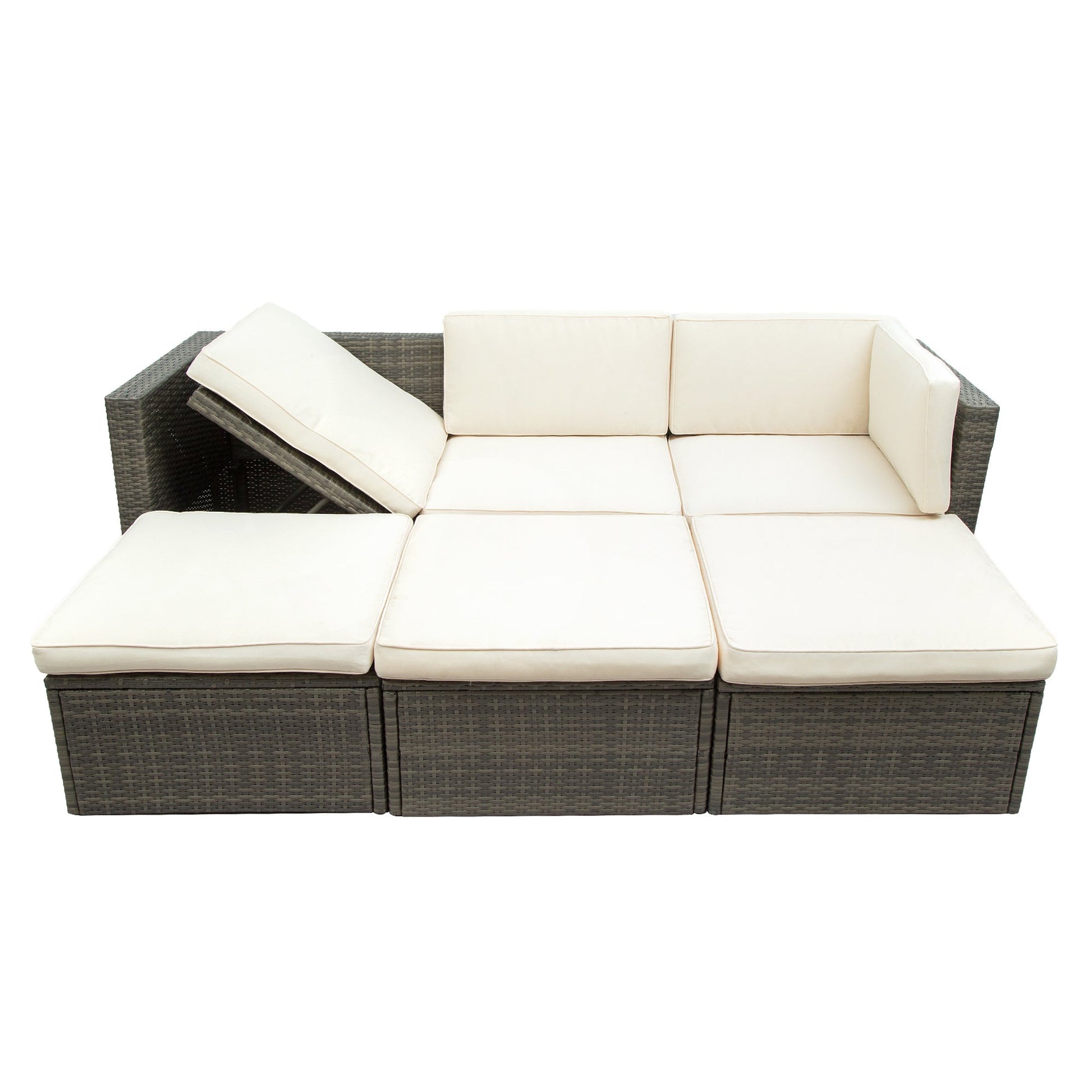 5-Piece Patio Wicker Sofa with Adjustable Backrest; Cushions; Ottomans and Lift Top Coffee Table - Divine Heart L.A.