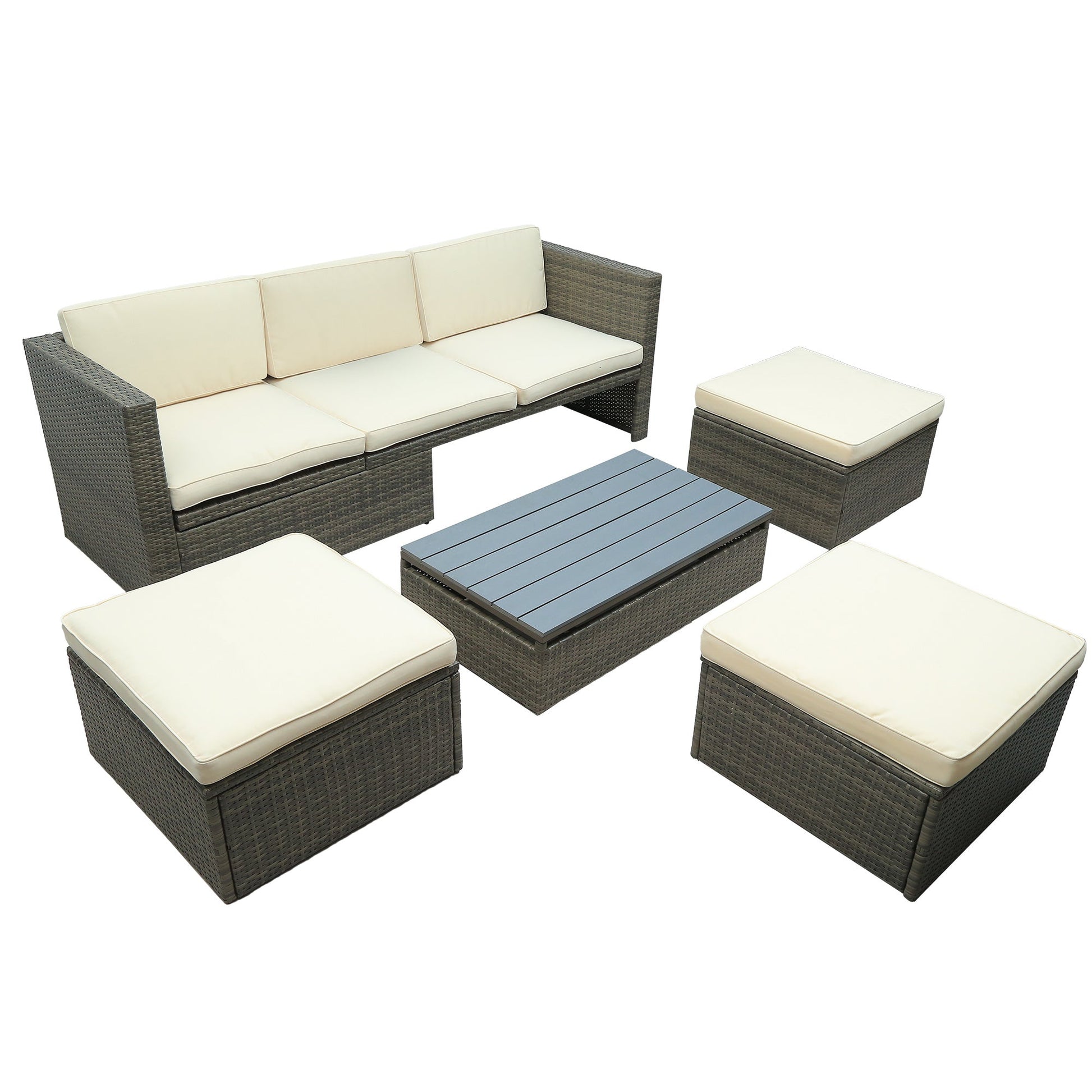 5-Piece Patio Wicker Sofa with Adjustable Backrest; Cushions; Ottomans and Lift Top Coffee Table - Divine Heart L.A.