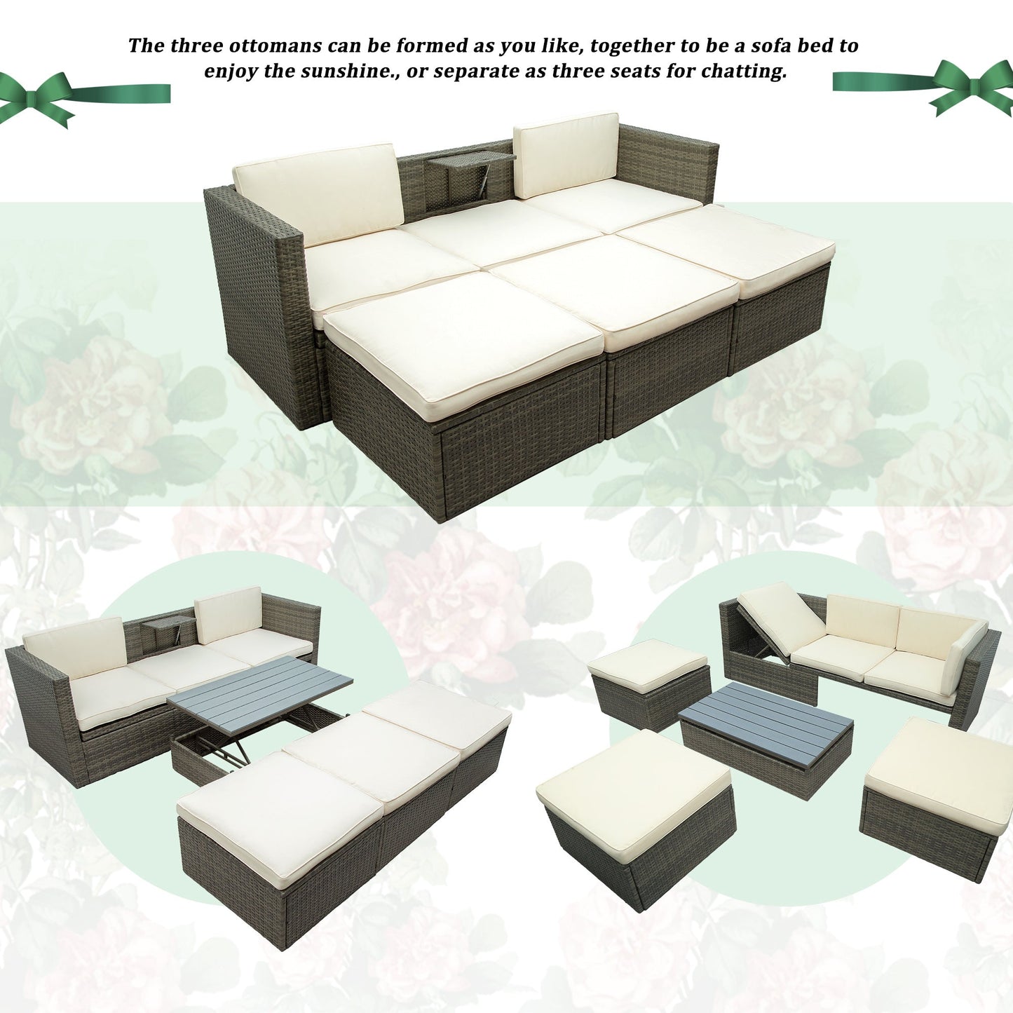 5-Piece Patio Wicker Sofa with Adjustable Backrest; Cushions; Ottomans and Lift Top Coffee Table - Divine Heart L.A.