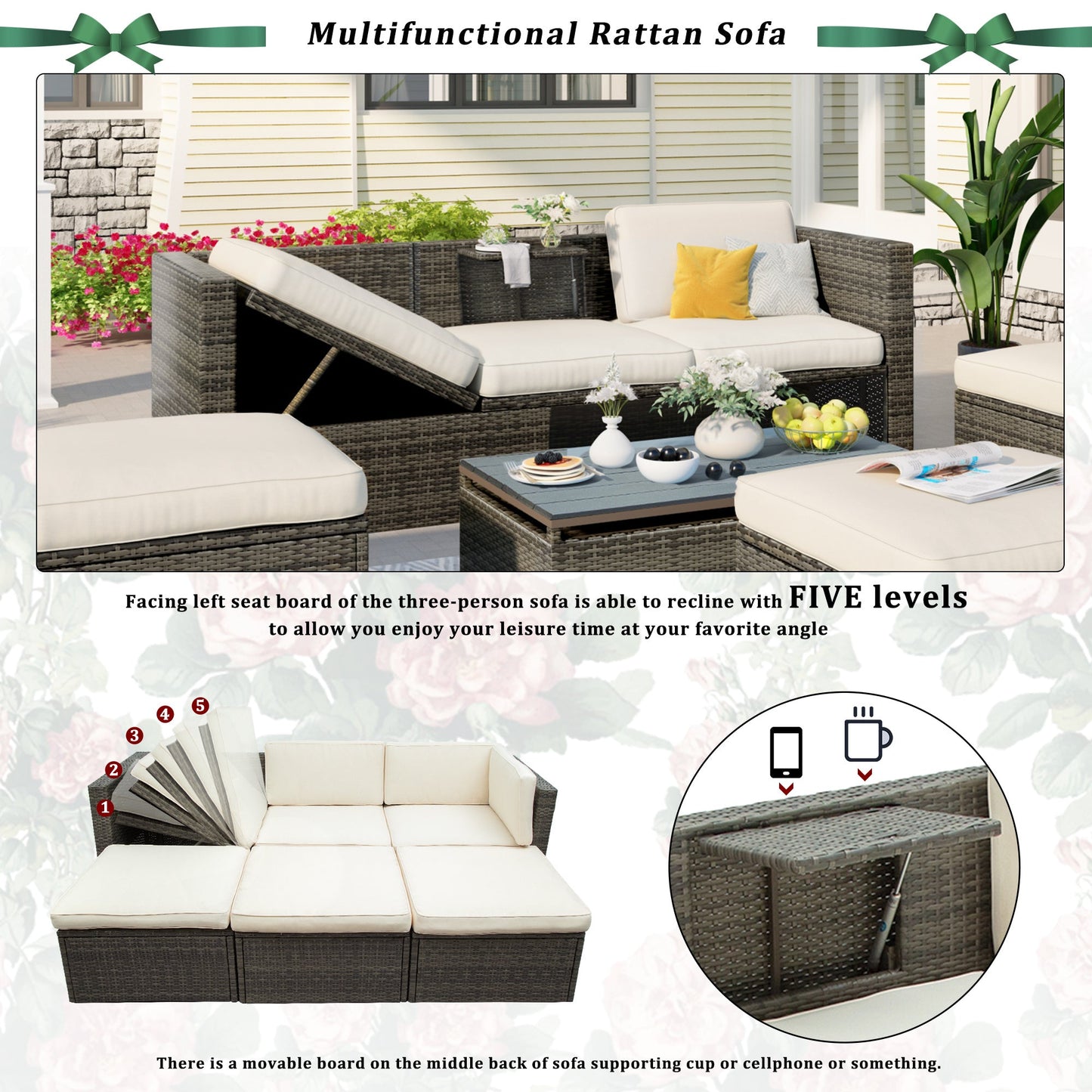 5-Piece Patio Wicker Sofa with Adjustable Backrest; Cushions; Ottomans and Lift Top Coffee Table - Divine Heart L.A.