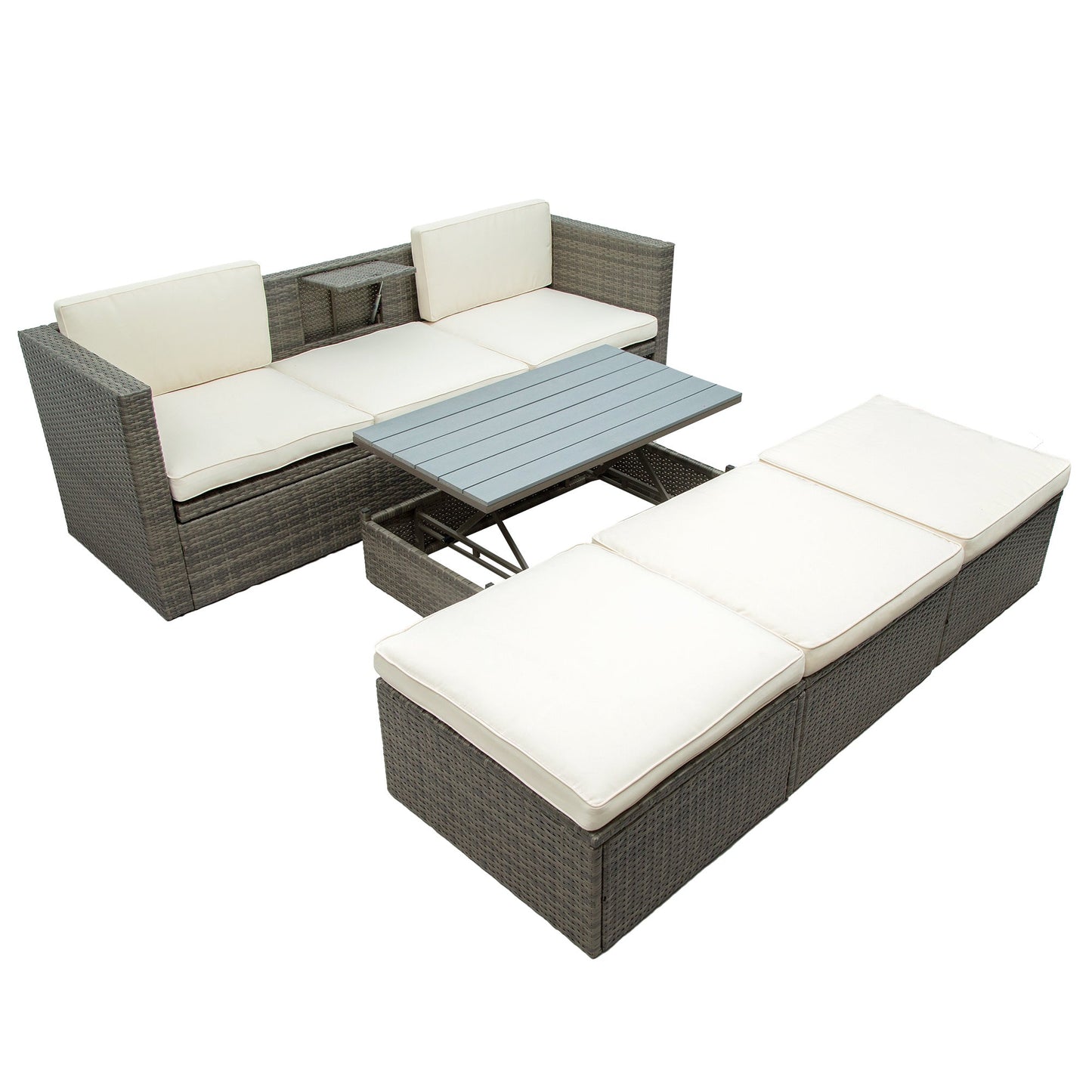 5-Piece Patio Wicker Sofa with Adjustable Backrest; Cushions; Ottomans and Lift Top Coffee Table - Divine Heart L.A.