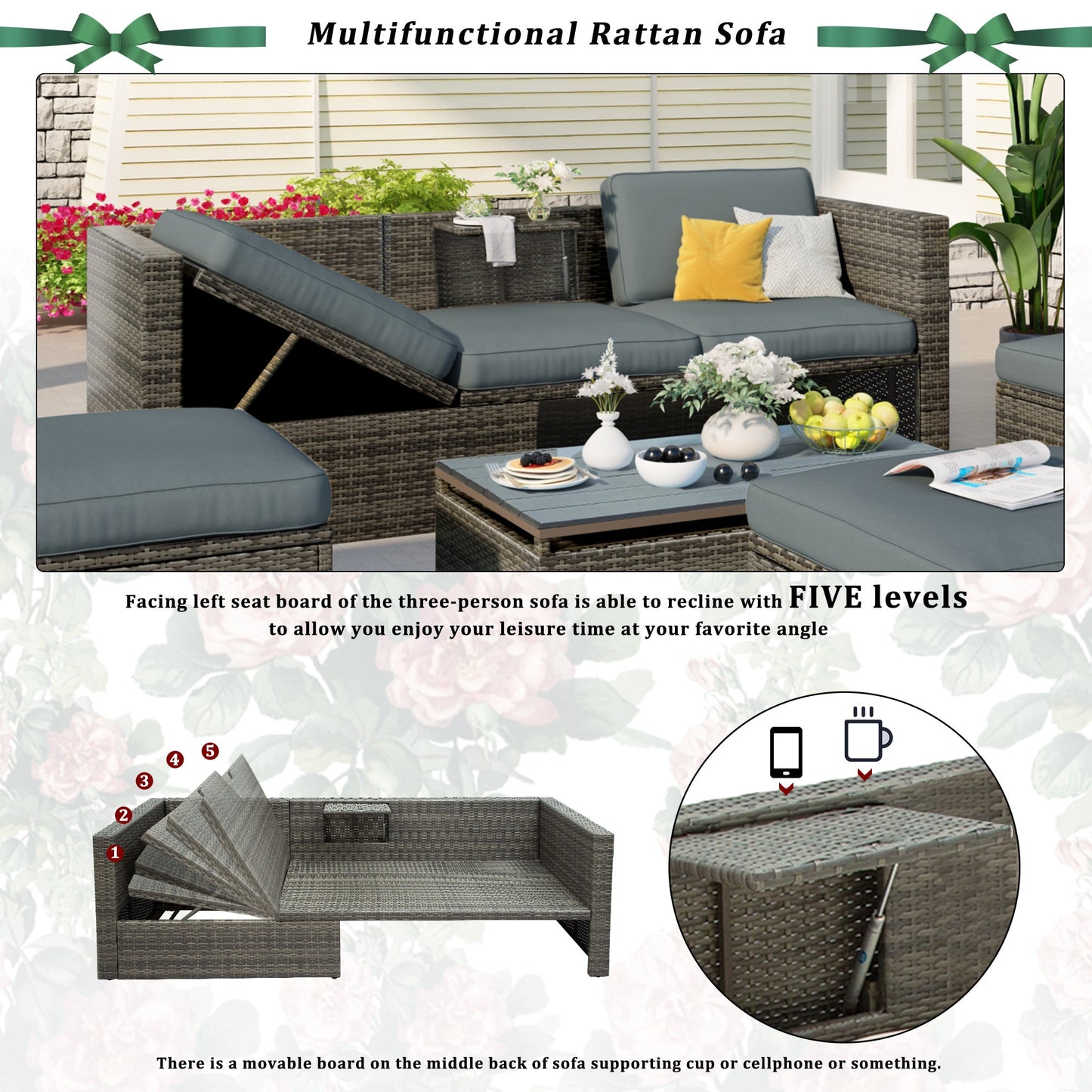 5-Piece Patio Wicker Sofa with Adjustable Backrest; Cushions; Ottomans and Lift Top Coffee Table - Divine Heart L.A.