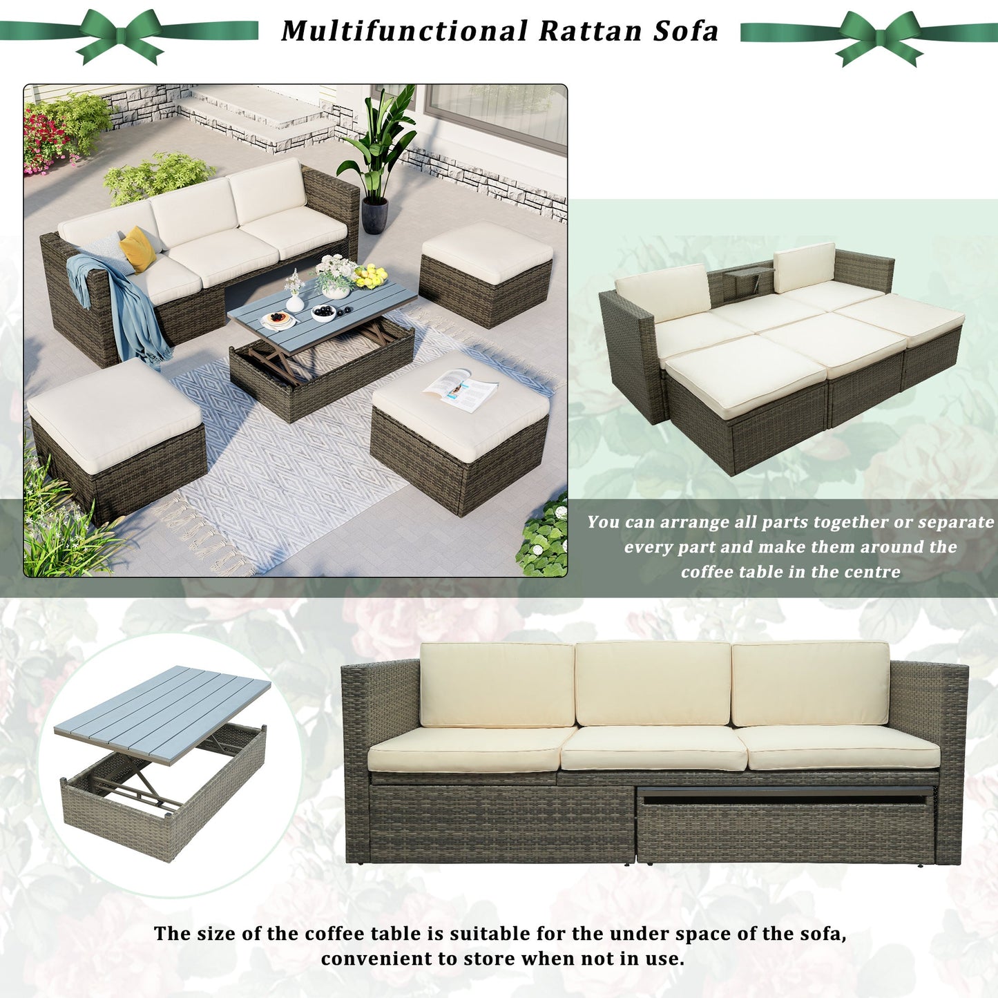 5-Piece Patio Wicker Sofa with Adjustable Backrest; Cushions; Ottomans and Lift Top Coffee Table - Divine Heart L.A.