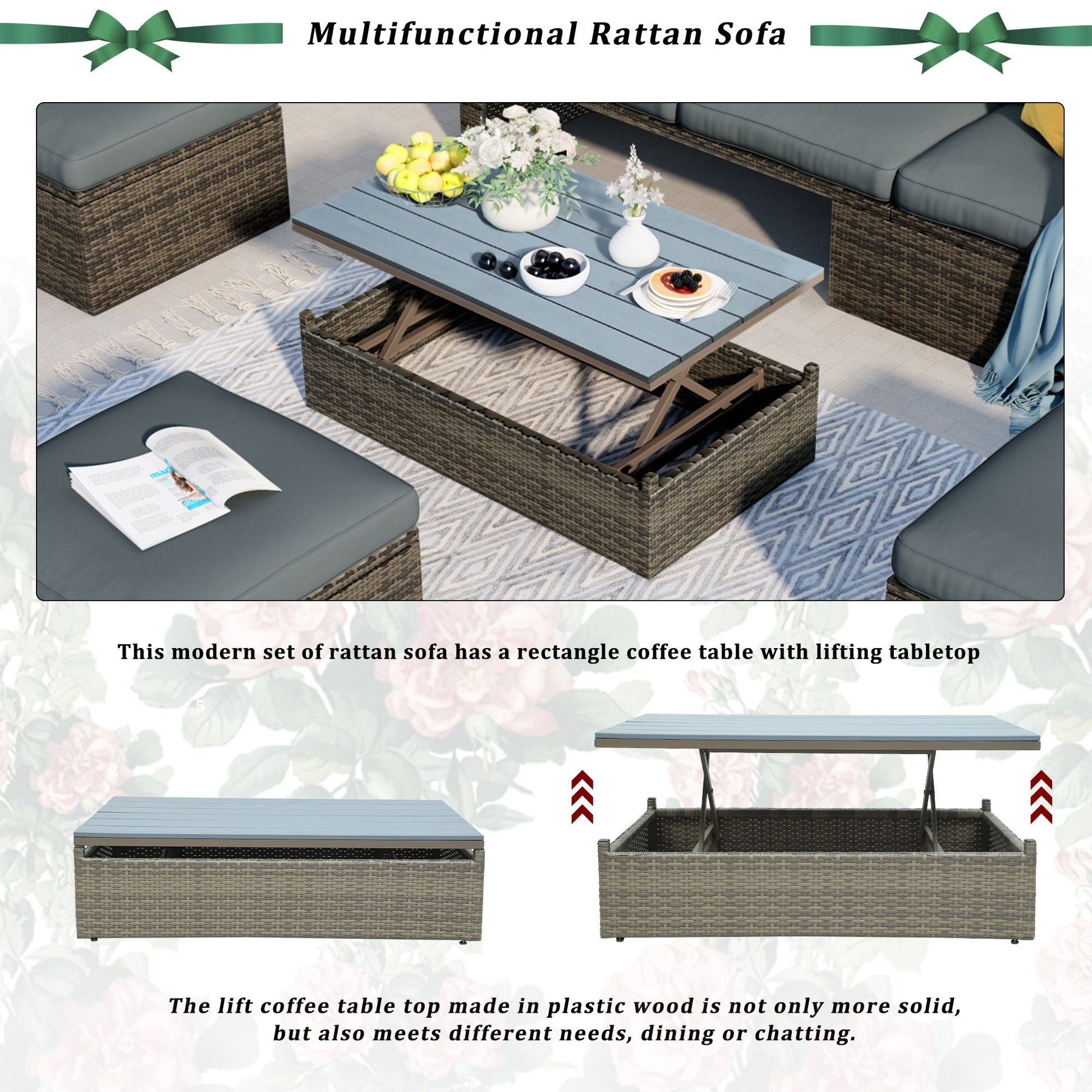 5-Piece Patio Wicker Sofa with Adjustable Backrest; Cushions; Ottomans and Lift Top Coffee Table - Divine Heart L.A.