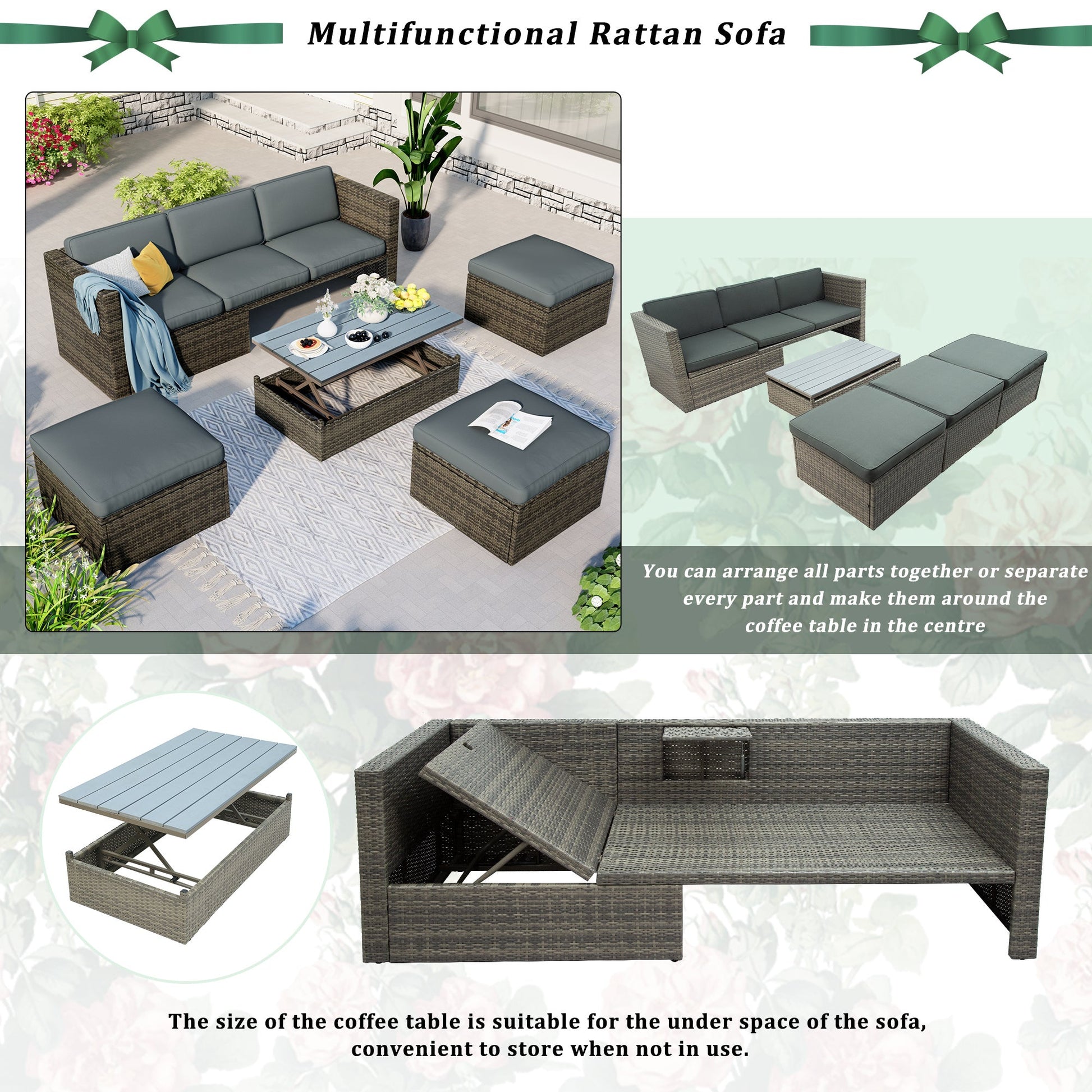 5-Piece Patio Wicker Sofa with Adjustable Backrest; Cushions; Ottomans and Lift Top Coffee Table - Divine Heart L.A.