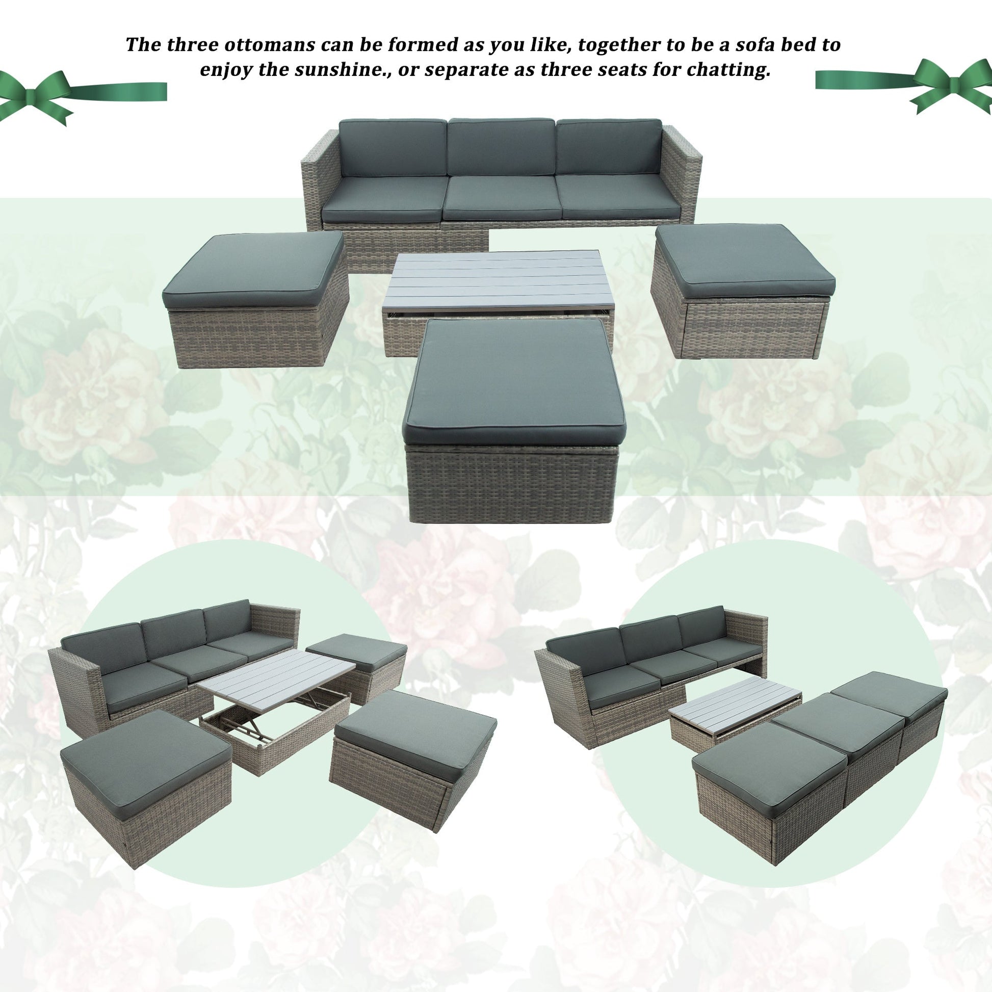 5-Piece Patio Wicker Sofa with Adjustable Backrest; Cushions; Ottomans and Lift Top Coffee Table - Divine Heart L.A.