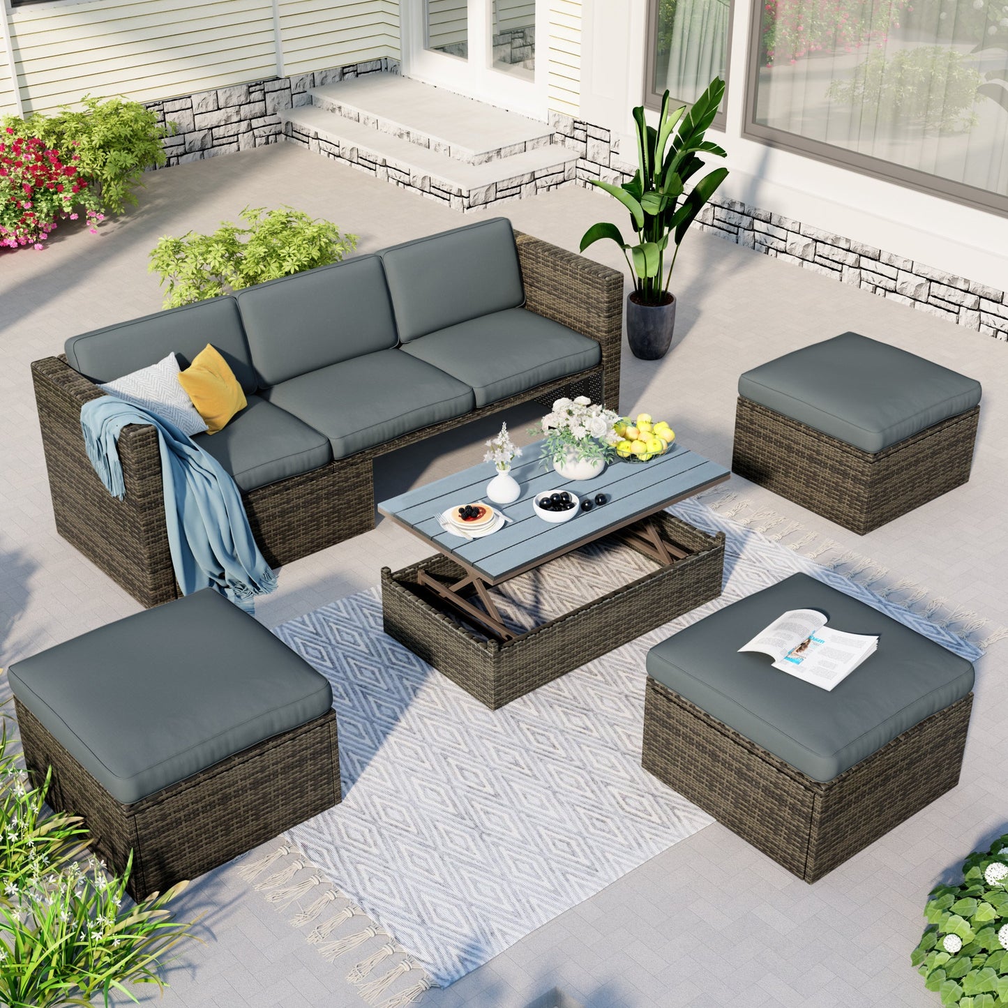 5-Piece Patio Wicker Sofa with Adjustable Backrest; Cushions; Ottomans and Lift Top Coffee Table - Divine Heart L.A.