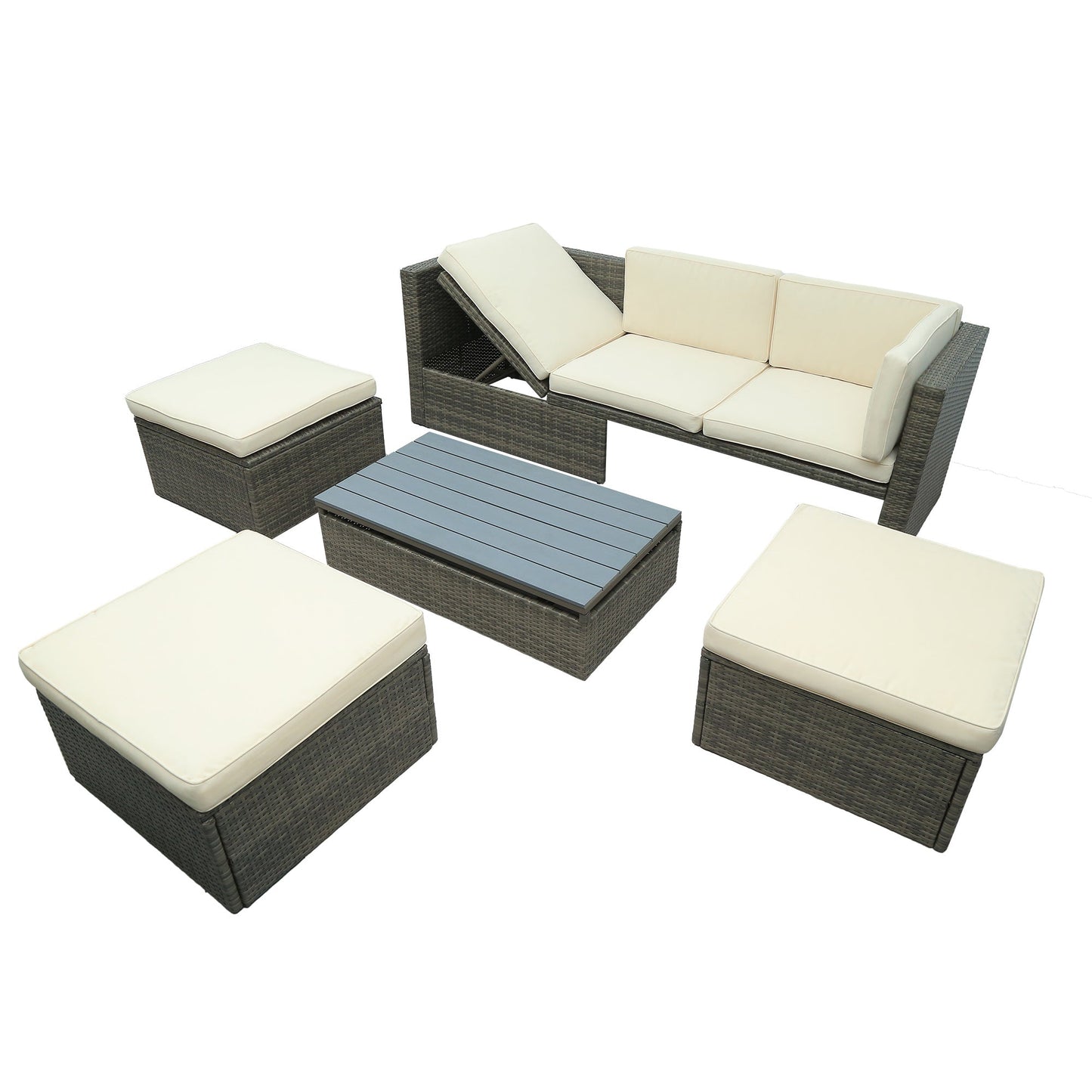 5-Piece Patio Wicker Sofa with Adjustable Backrest; Cushions; Ottomans and Lift Top Coffee Table - Divine Heart L.A.