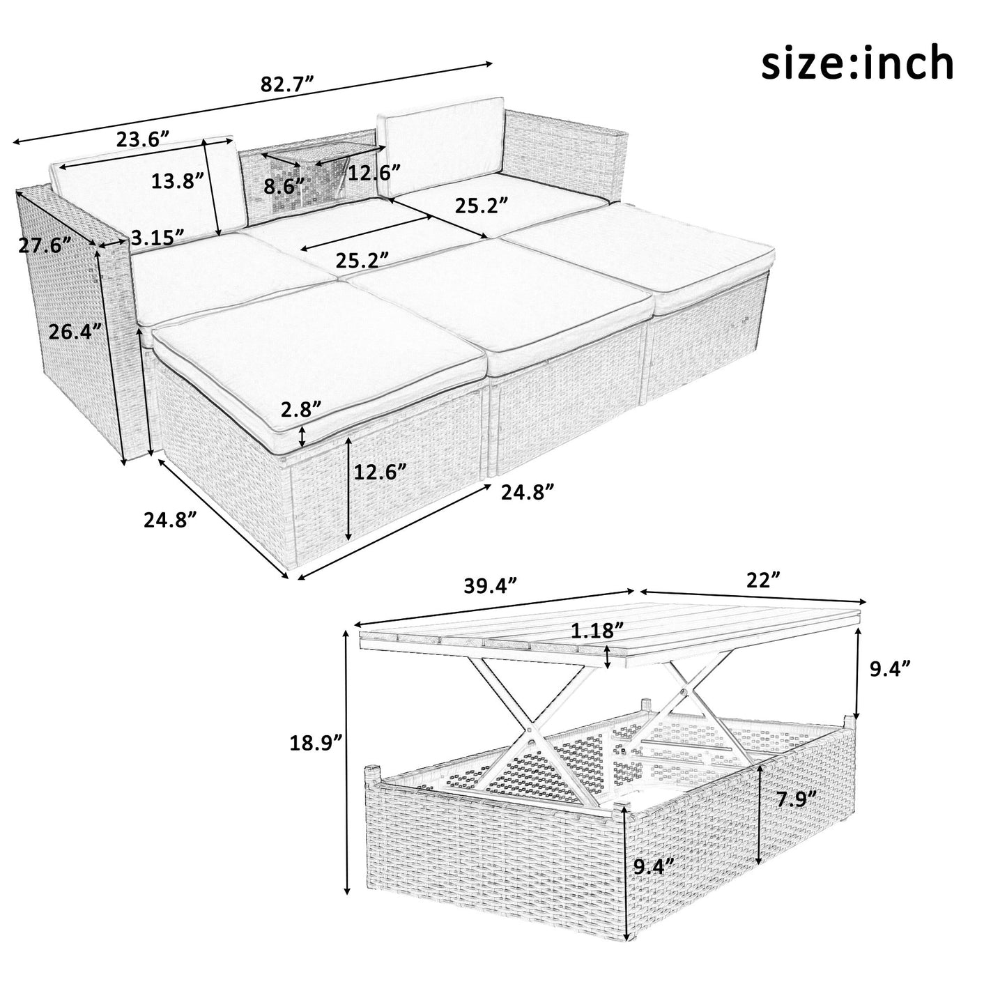 5-Piece Patio Wicker Sofa with Adjustable Backrest; Cushions; Ottomans and Lift Top Coffee Table - Divine Heart L.A.