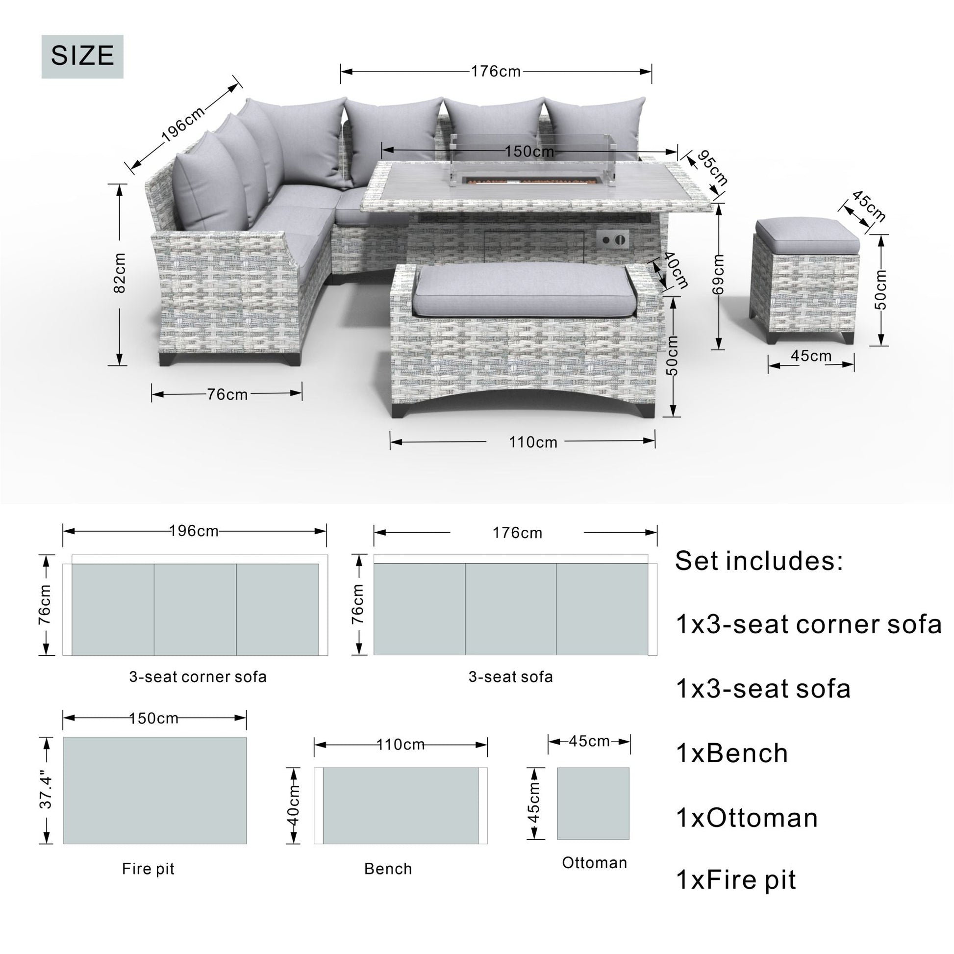 5-Piece Rattan Outdoor Sofa Set with Fire Pit Table and Ottoman - Divine Heart L.A.