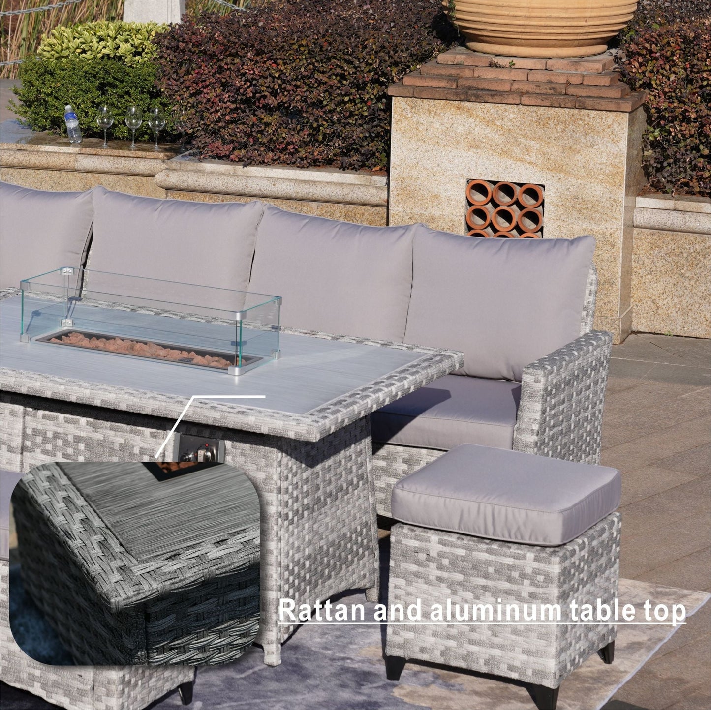 5-Piece Rattan Outdoor Sofa Set with Fire Pit Table and Ottoman - Divine Heart L.A.