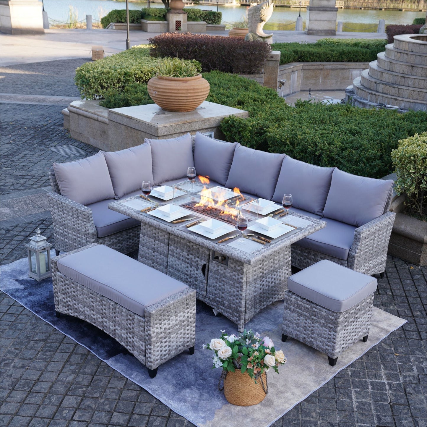 5-Piece Rattan Outdoor Sofa Set with Fire Pit Table and Ottoman - Divine Heart L.A.