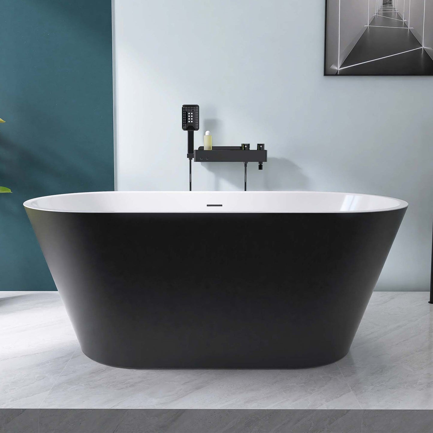 59" Acrylic Freestanding Bathtub, Matte Black Modern Stand Alone Soaking Bathtub, Brushed Nickel Drain and Minimalist Linear Design Overflow Included Easy to Install - Divine Heart L.A.