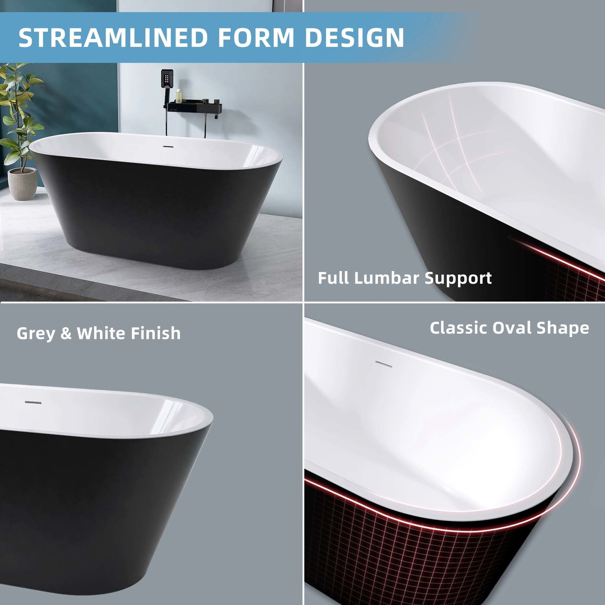 59" Acrylic Freestanding Bathtub, Matte Black Modern Stand Alone Soaking Bathtub, Brushed Nickel Drain and Minimalist Linear Design Overflow Included Easy to Install - Divine Heart L.A.