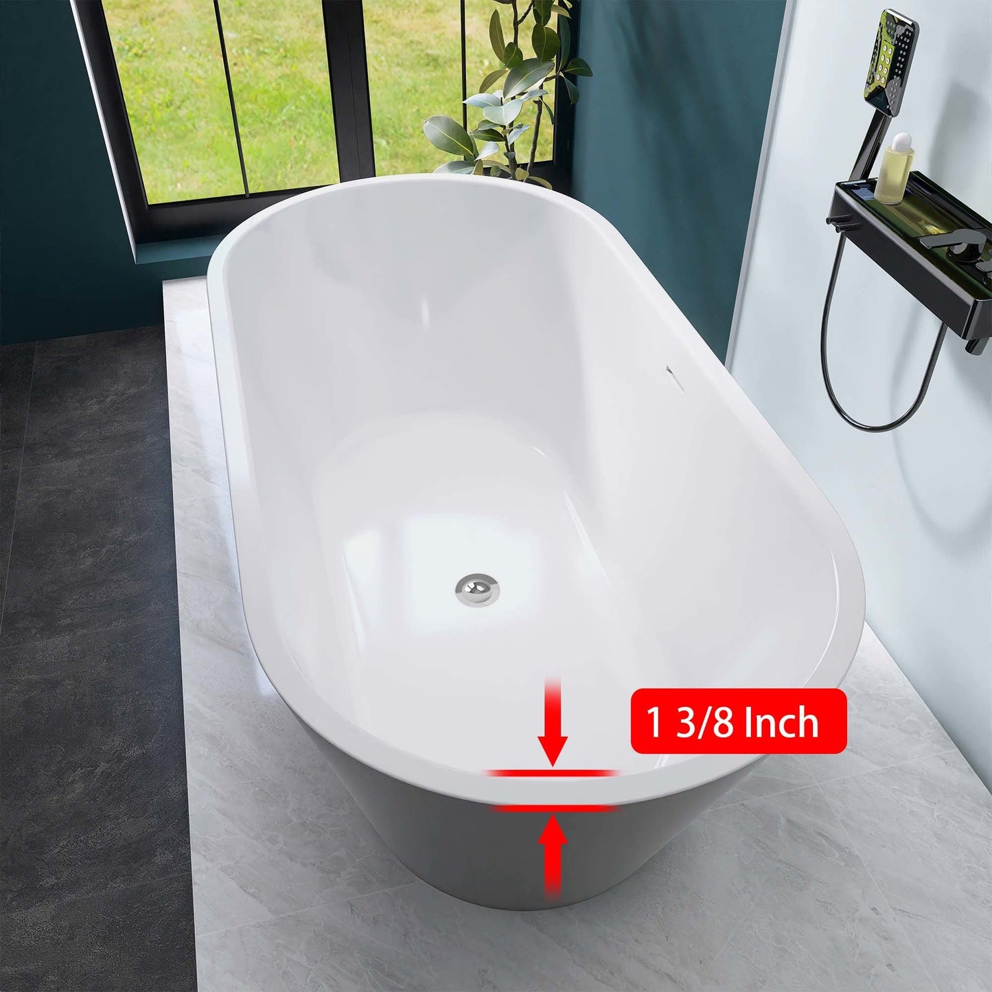 59" Acrylic Freestanding Bathtub, Matte Black Modern Stand Alone Soaking Bathtub, Brushed Nickel Drain and Minimalist Linear Design Overflow Included Easy to Install - Divine Heart L.A.