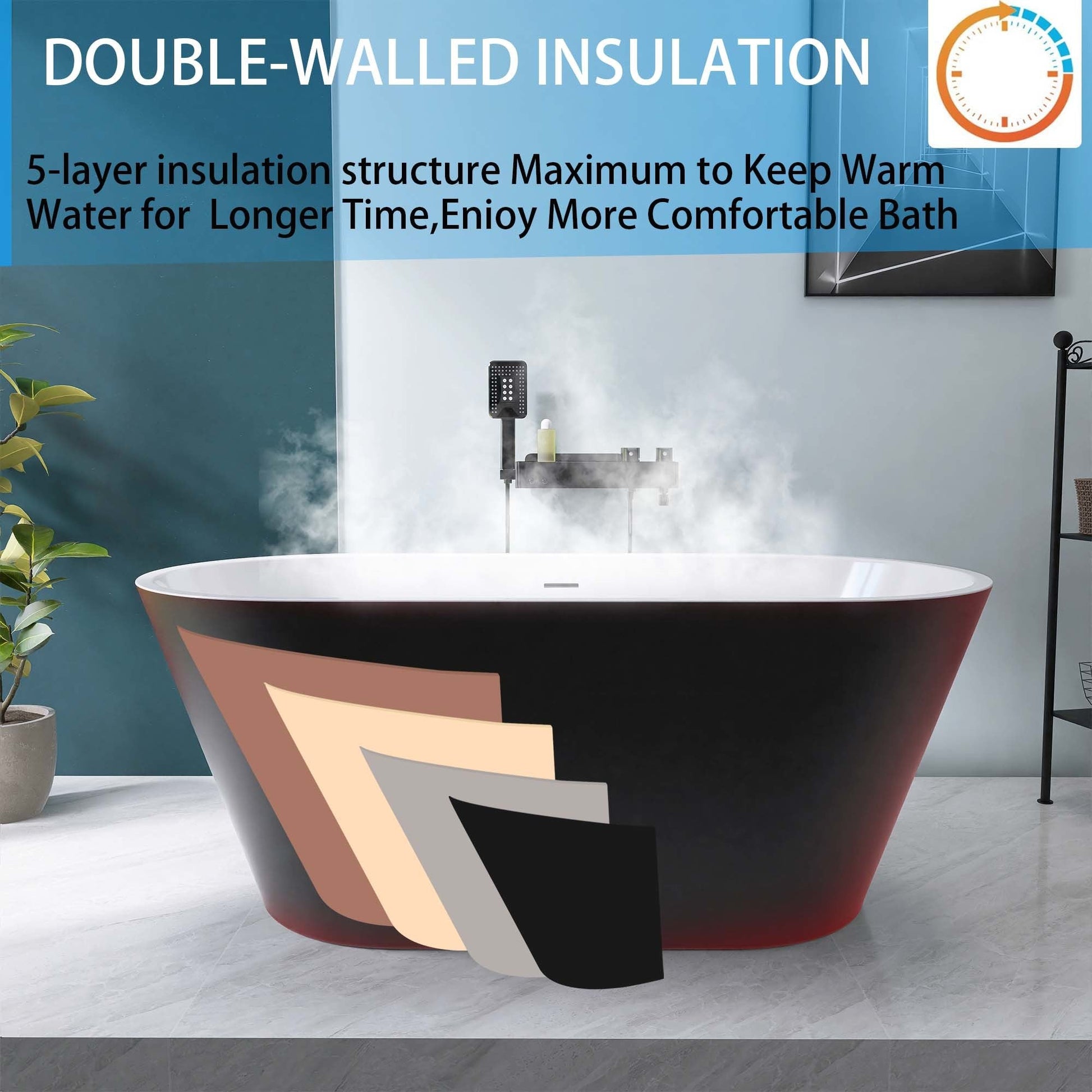 59" Acrylic Freestanding Bathtub, Matte Black Modern Stand Alone Soaking Bathtub, Brushed Nickel Drain and Minimalist Linear Design Overflow Included Easy to Install - Divine Heart L.A.