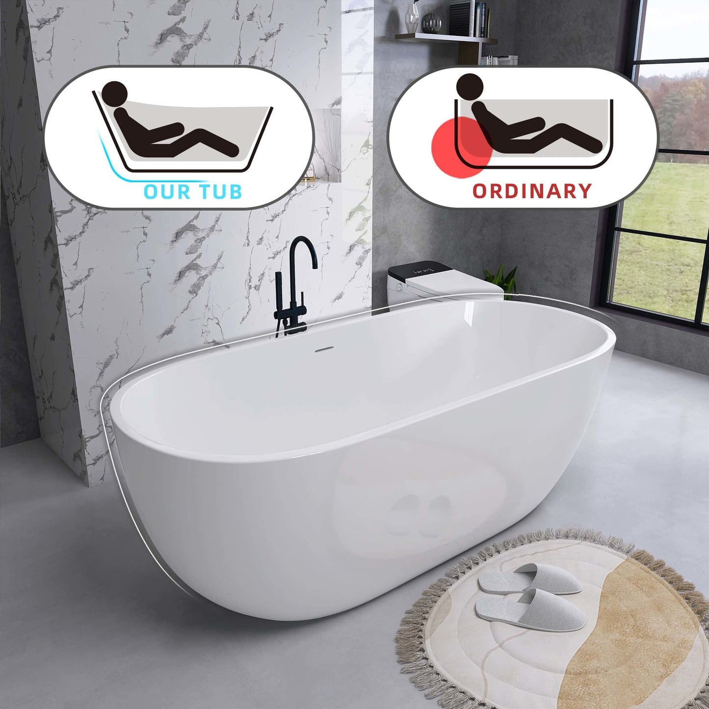 65" Acrylic Free Standing Tub - Classic Oval Shape Soaking Tub, Adjustable Freestanding Bathtub with Integrated Slotted Overflow and Chrome Pop-up Drain Anti-clogging Gloss White - Divine Heart L.A.