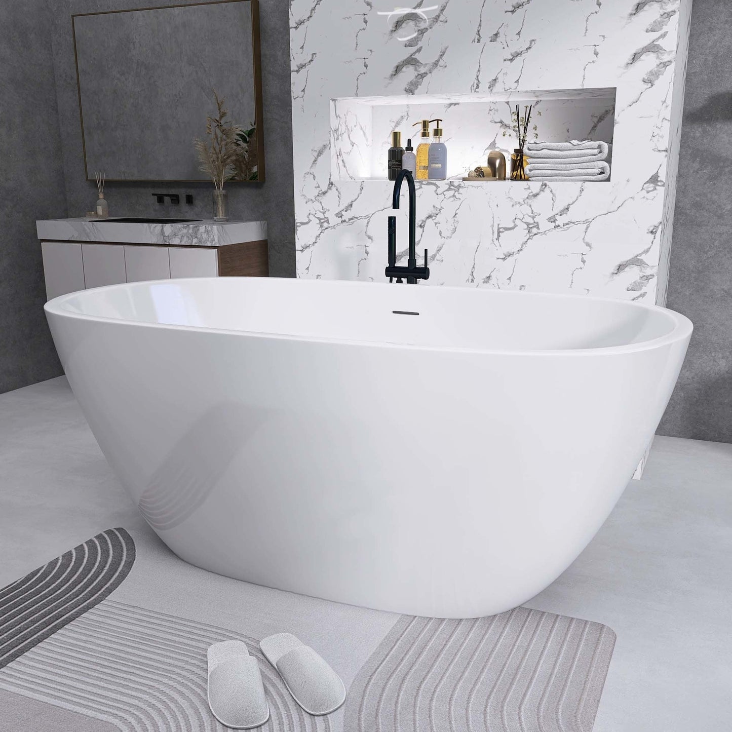 65" Acrylic Free Standing Tub - Classic Oval Shape Soaking Tub, Adjustable Freestanding Bathtub with Integrated Slotted Overflow and Chrome Pop-up Drain Anti-clogging Gloss White - Divine Heart L.A.