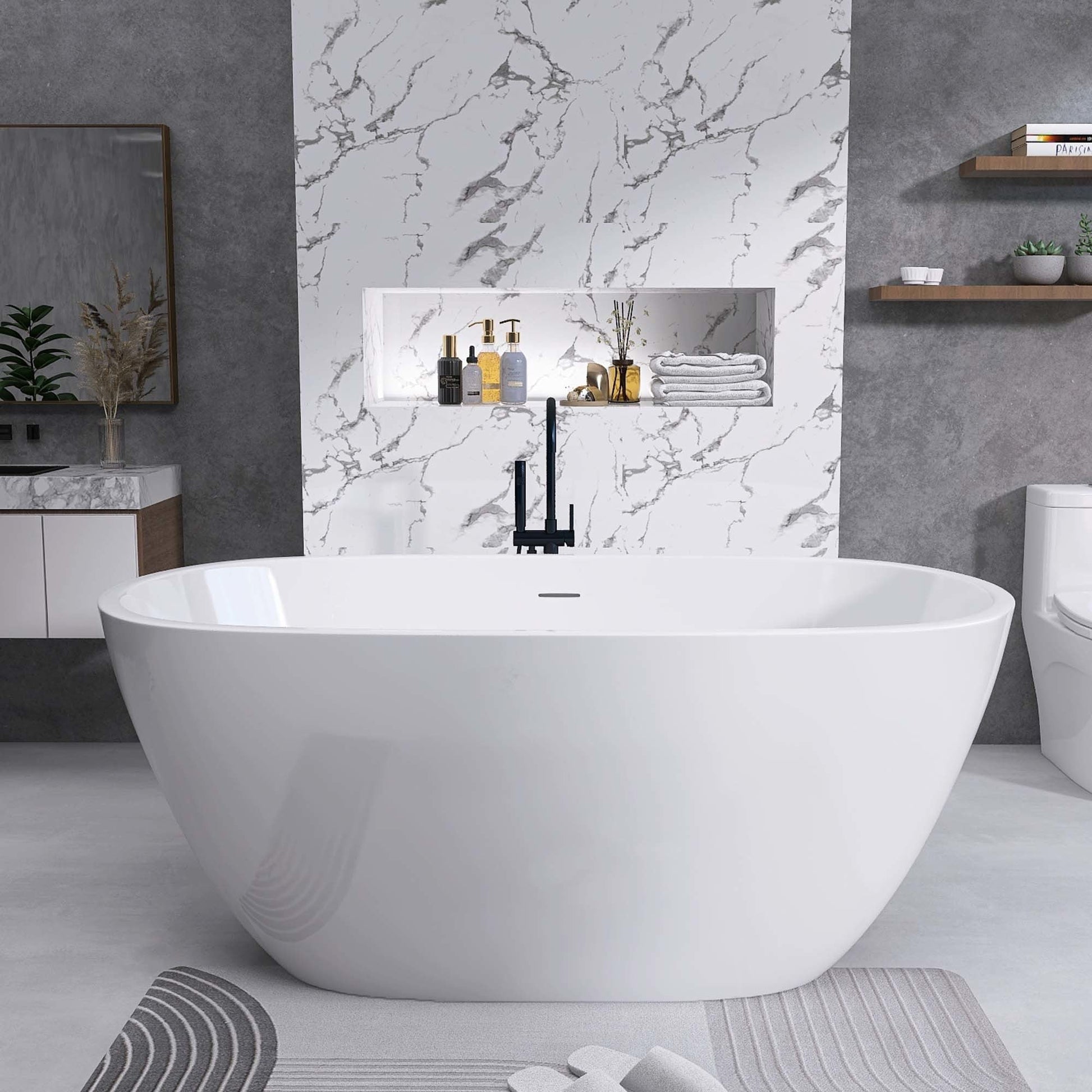 65" Acrylic Free Standing Tub - Classic Oval Shape Soaking Tub, Adjustable Freestanding Bathtub with Integrated Slotted Overflow and Chrome Pop-up Drain Anti-clogging Gloss White - Divine Heart L.A.