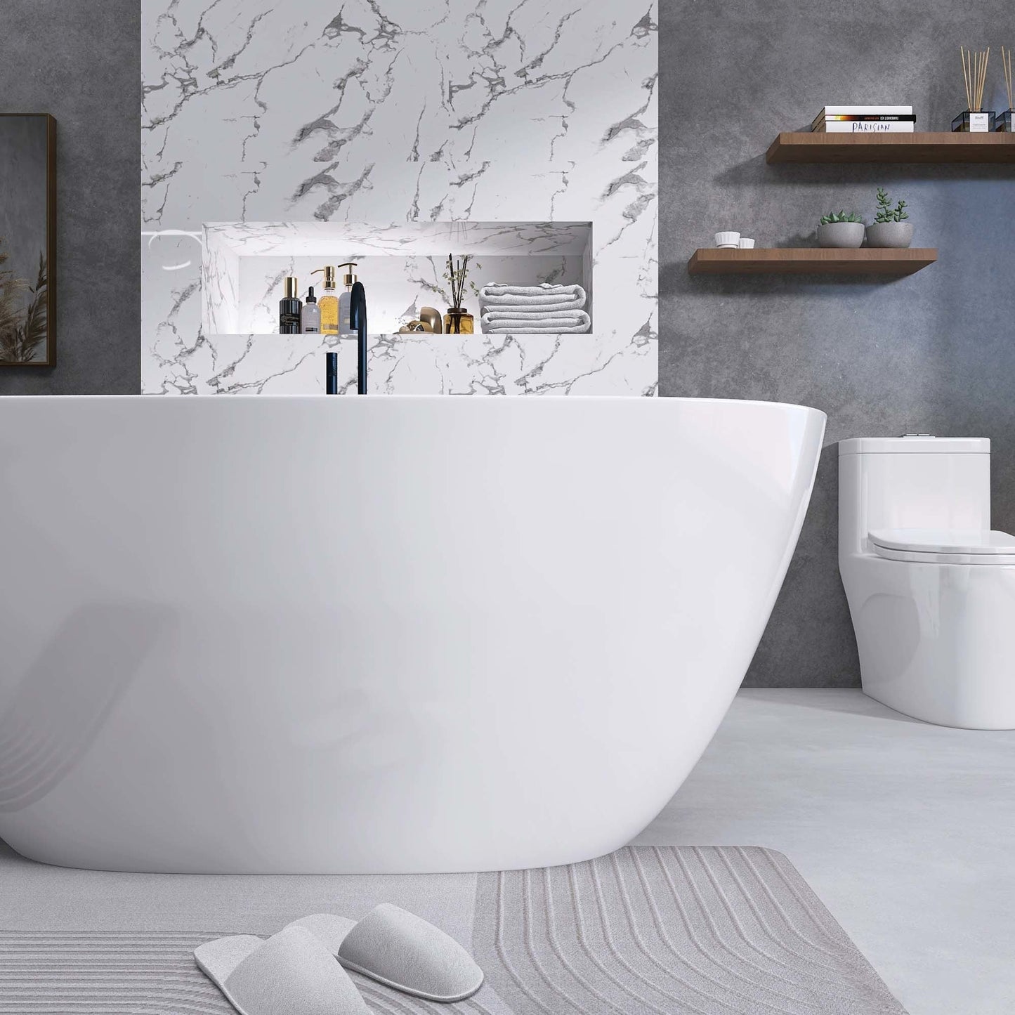 65" Acrylic Free Standing Tub - Classic Oval Shape Soaking Tub, Adjustable Freestanding Bathtub with Integrated Slotted Overflow and Chrome Pop-up Drain Anti-clogging Gloss White - Divine Heart L.A.