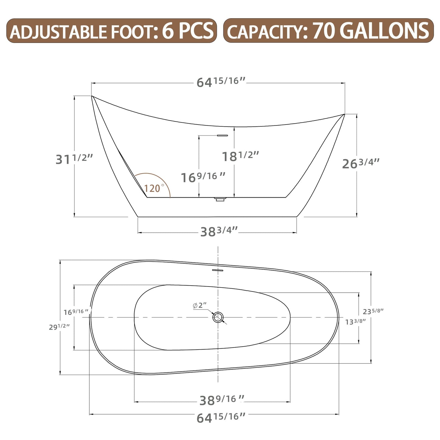 65" Acrylic Free Standing Tub - Classic Oval Shape Soaking Tub, Adjustable Freestanding Bathtub with Integrated Slotted Overflow and Chrome Pop - up Drain Anti - clogging Gloss White - Divine Heart L.A.