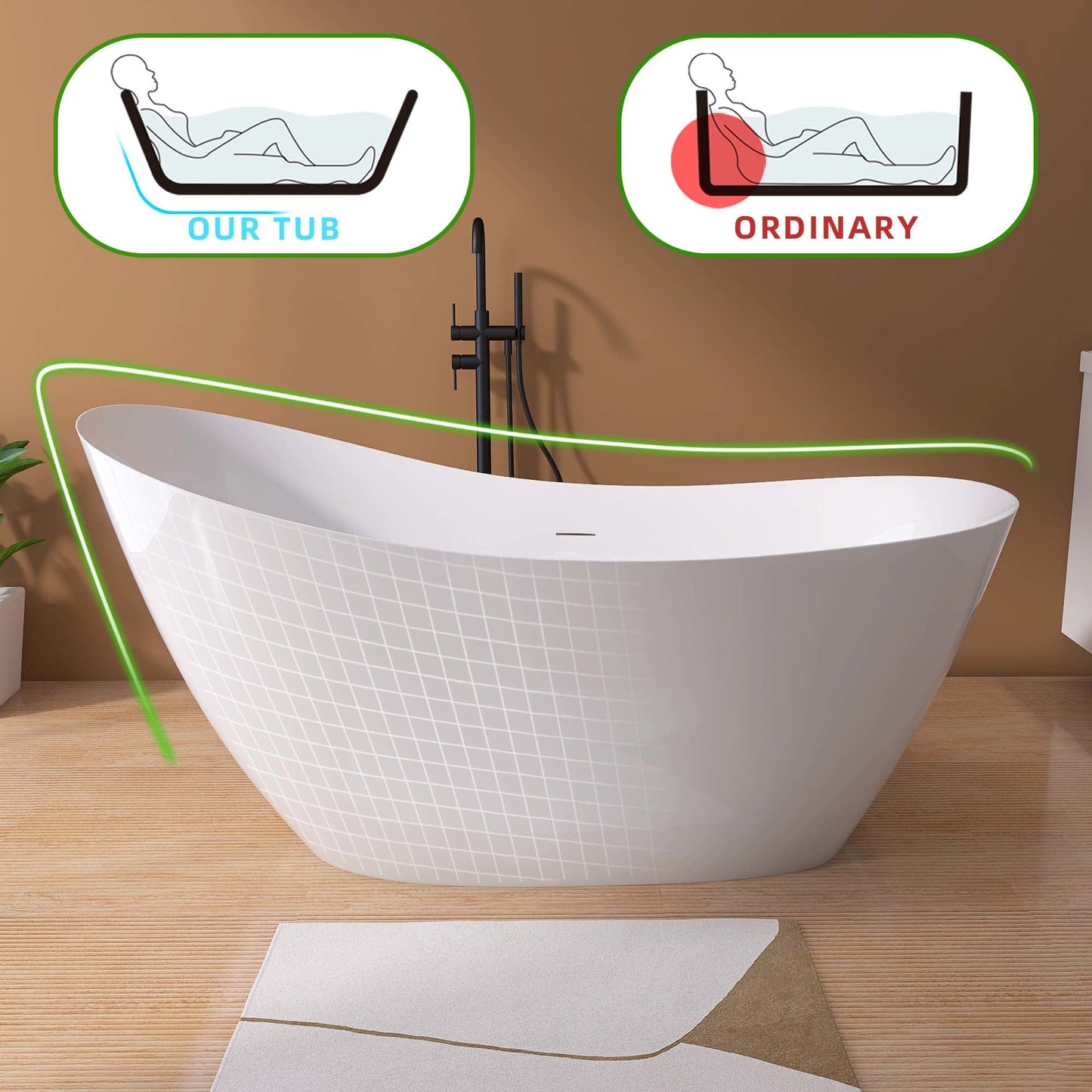 65" Acrylic Free Standing Tub - Classic Oval Shape Soaking Tub, Adjustable Freestanding Bathtub with Integrated Slotted Overflow and Chrome Pop - up Drain Anti - clogging Gloss White - Divine Heart L.A.