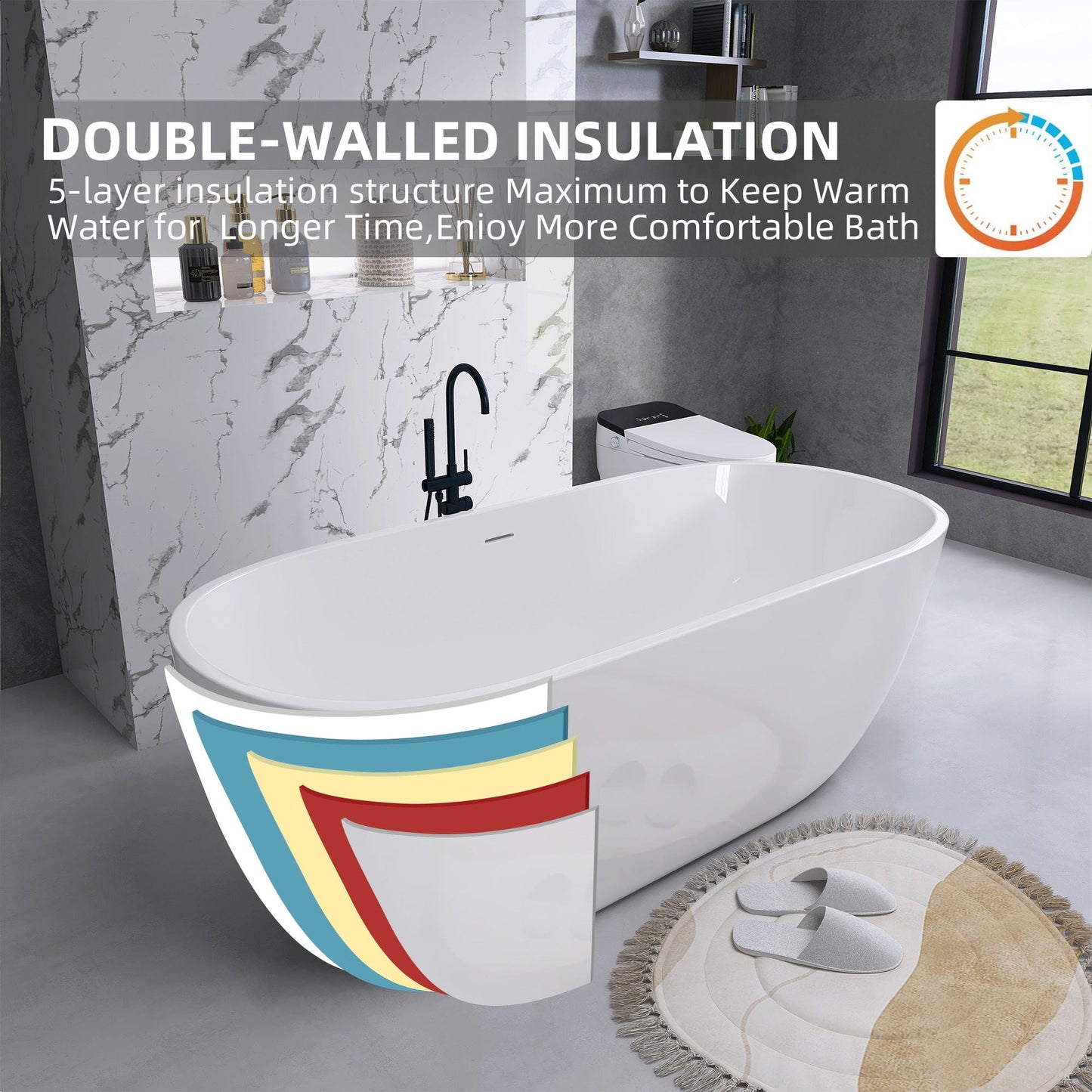 65" Acrylic Free Standing Tub - Classic Oval Shape Soaking Tub, Adjustable Freestanding Bathtub with Integrated Slotted Overflow and Chrome Pop-up Drain Anti-clogging Gloss White - Divine Heart L.A.