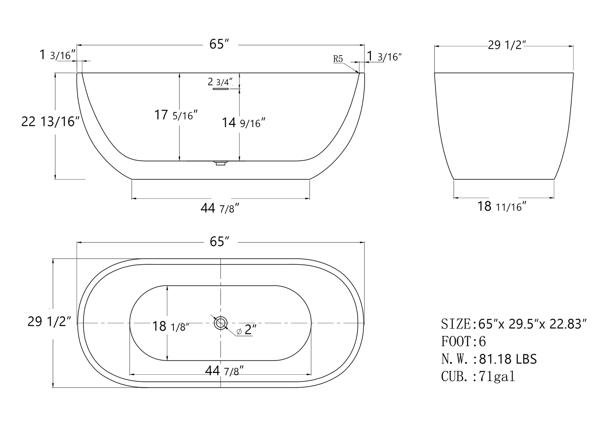 65" Acrylic Free Standing Tub - Classic Oval Shape Soaking Tub, Adjustable Freestanding Bathtub with Integrated Slotted Overflow and Chrome Pop-up Drain Anti-clogging Gloss White - Divine Heart L.A.