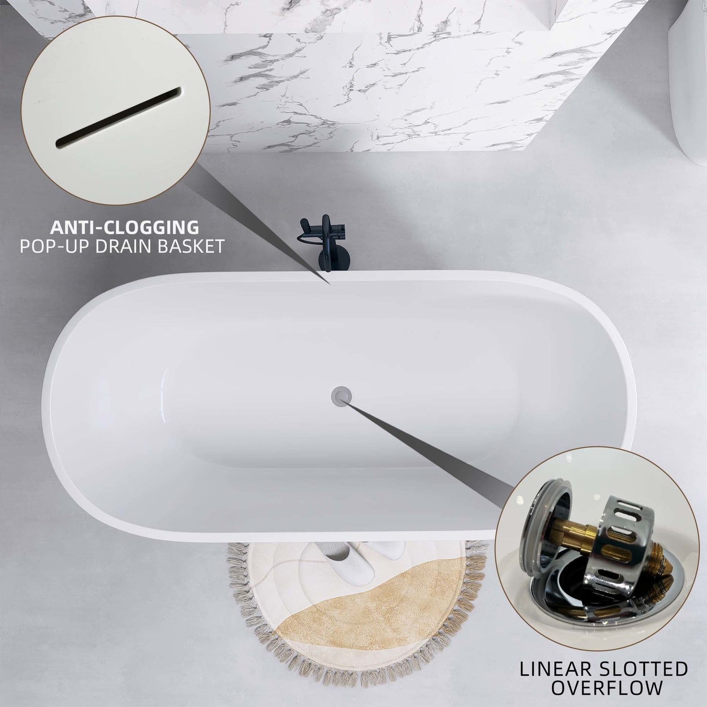 65" Acrylic Free Standing Tub - Classic Oval Shape Soaking Tub, Adjustable Freestanding Bathtub with Integrated Slotted Overflow and Chrome Pop-up Drain Anti-clogging Gloss White - Divine Heart L.A.