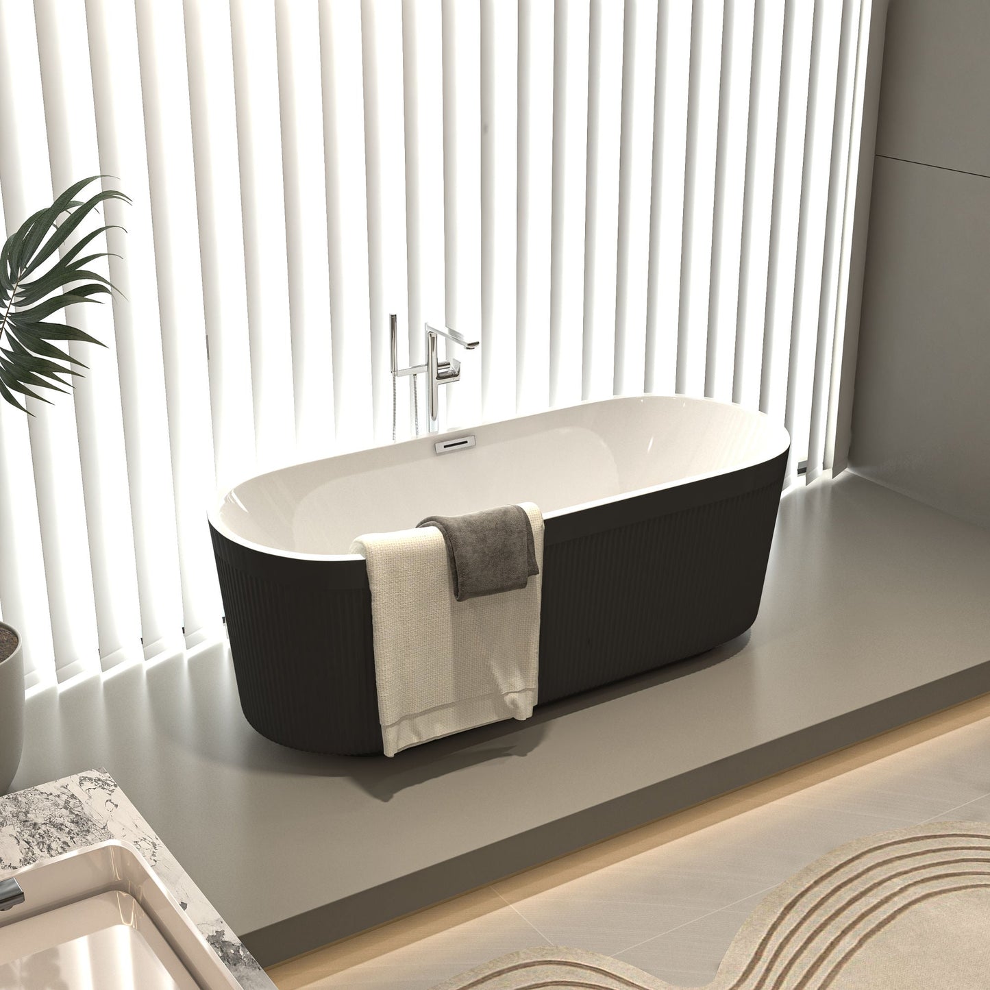 67" Acrylic Freestanding Bathtub with Unique Pleated Design: Spacious Oval Shape, Gloss Black Finish, Chrome Overflow & Pop - Up Drain - Divine Heart L.A.