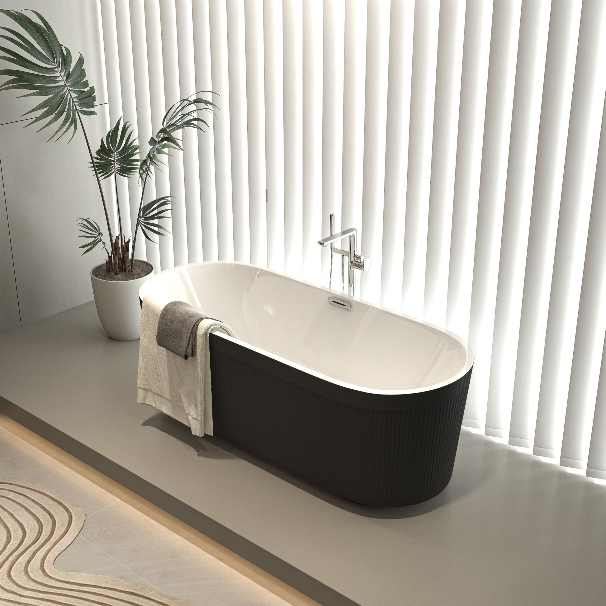 67" Acrylic Freestanding Bathtub with Unique Pleated Design: Spacious Oval Shape, Gloss Black Finish, Chrome Overflow & Pop - Up Drain - Divine Heart L.A.